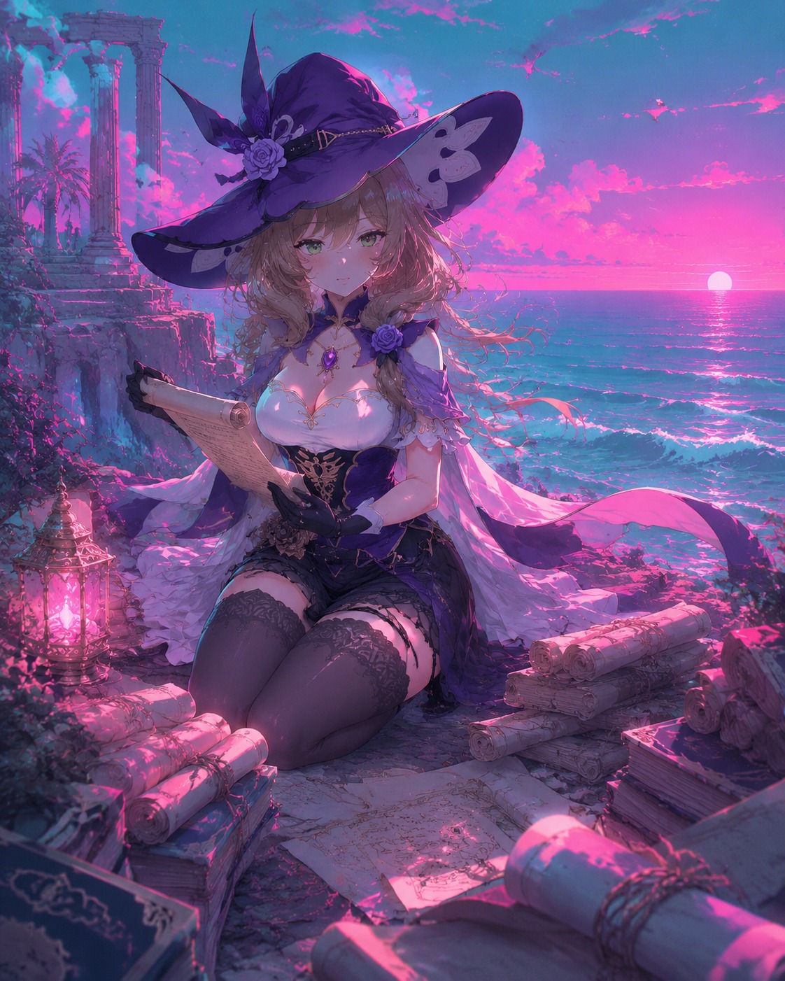 Sorting through bundles of dusty scrolls On a windy cliffside overlooking the ocean (vaporwave aesthetic, pink and teal lighting)
