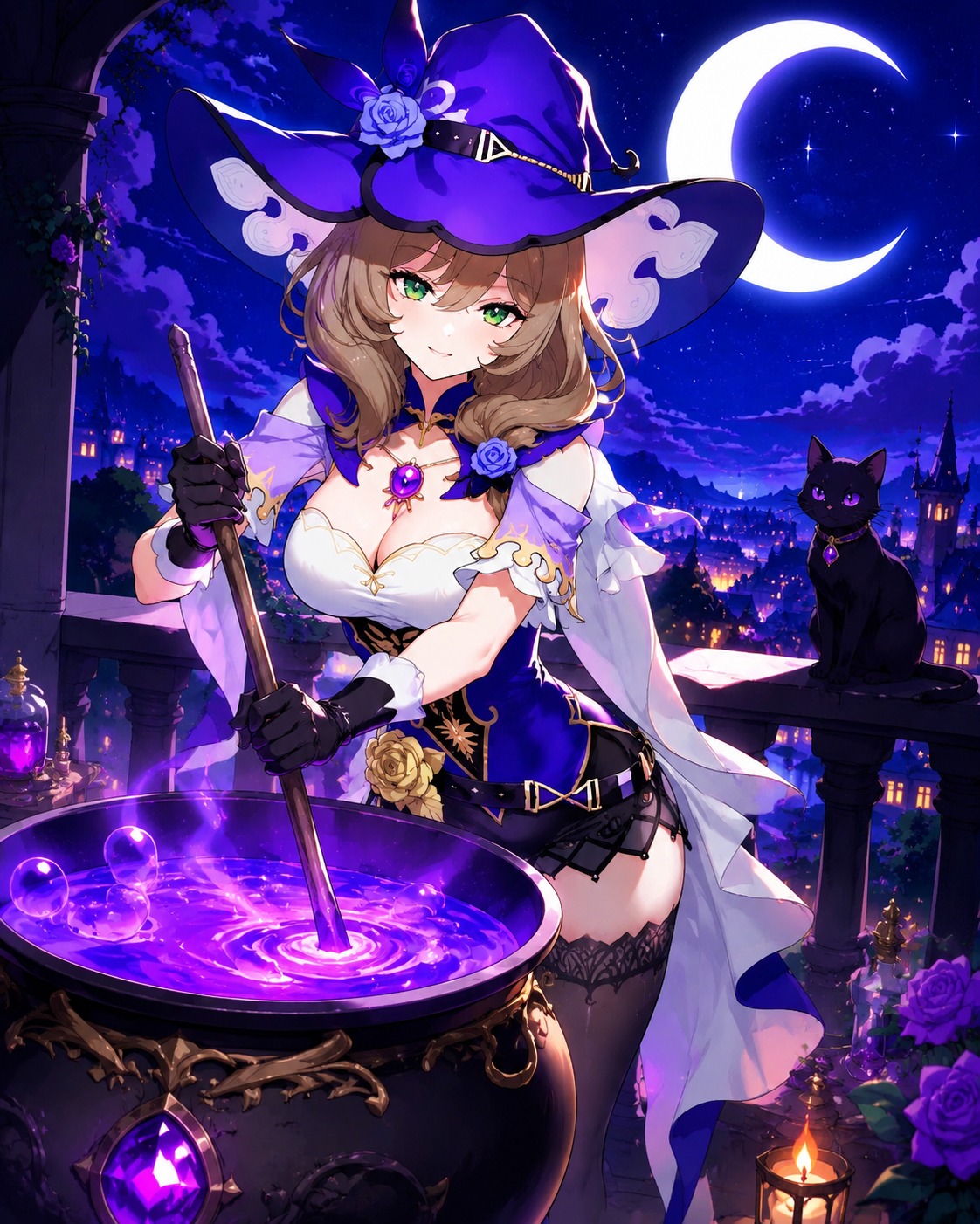 Stirring a cauldron of bubbling violet liquid On a high balcony under a crescent moon (vibrant cel-shaded anime, high saturation)