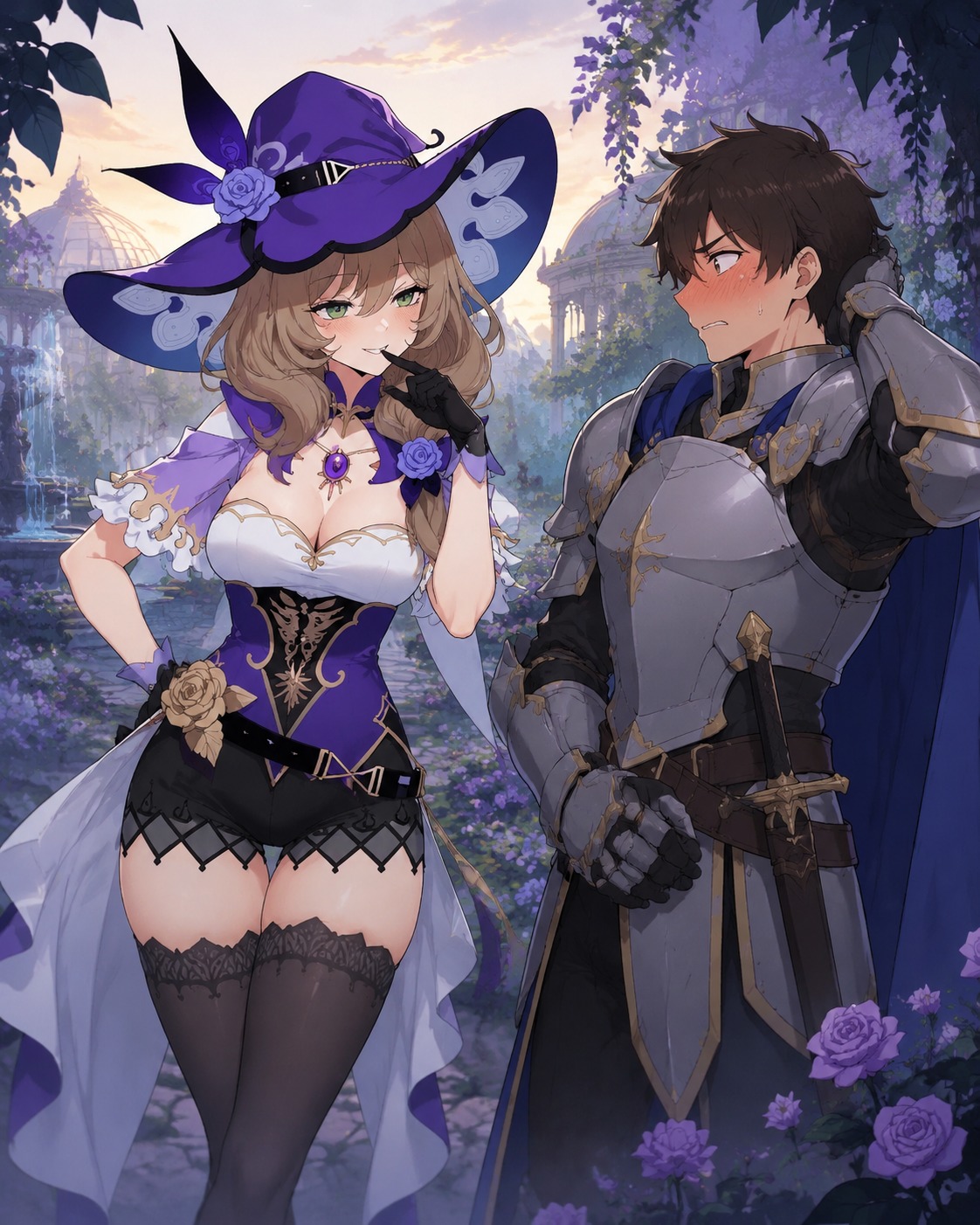 Teasing a nervous knight with a smirk At a misty botanical garden at dawn (clean digital flat art, bold colors)