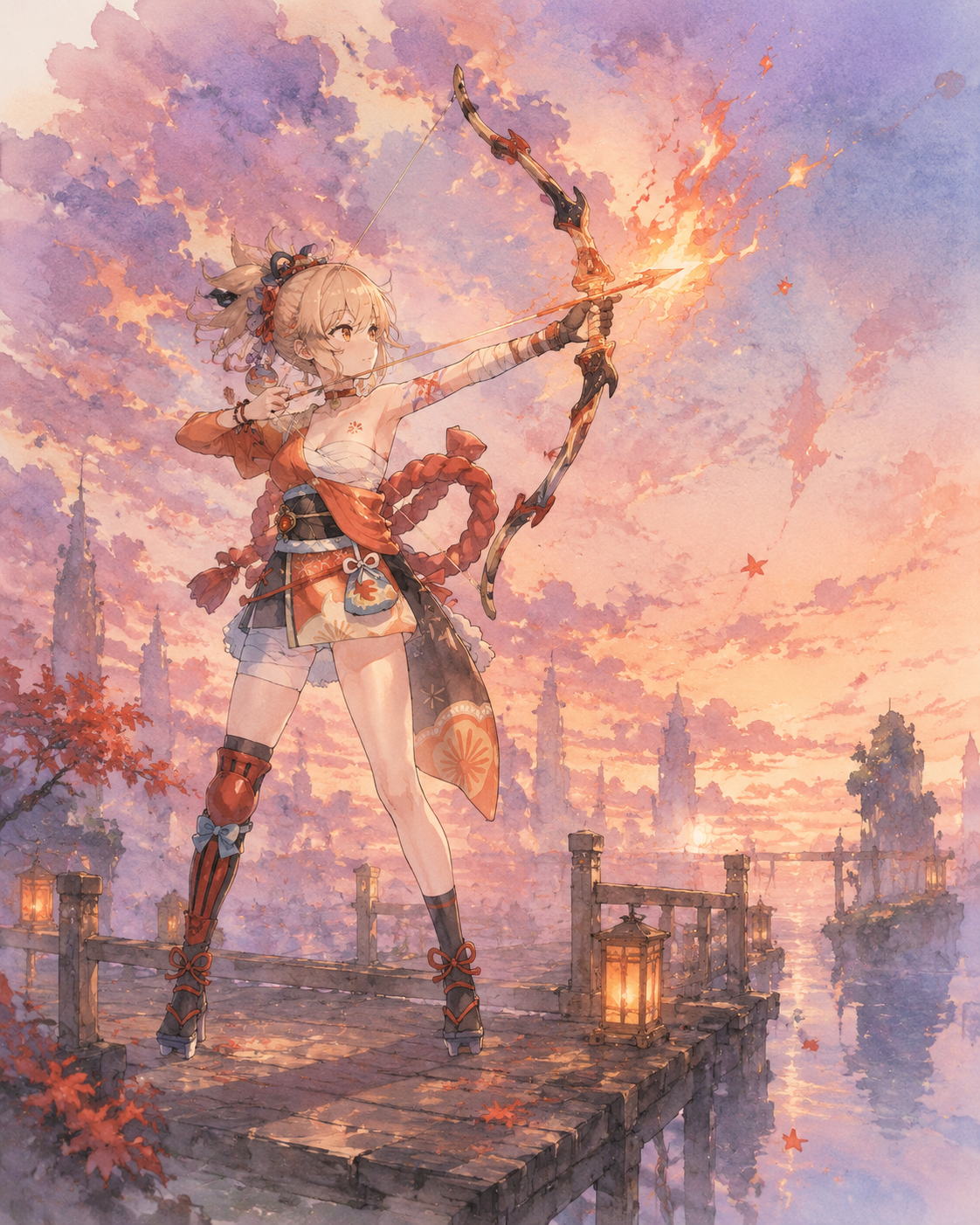 Aiming a flaming arrow at the distant sky On a floating wooden pier at dusk (soft watercolor, bleeding edges and pastel tones)