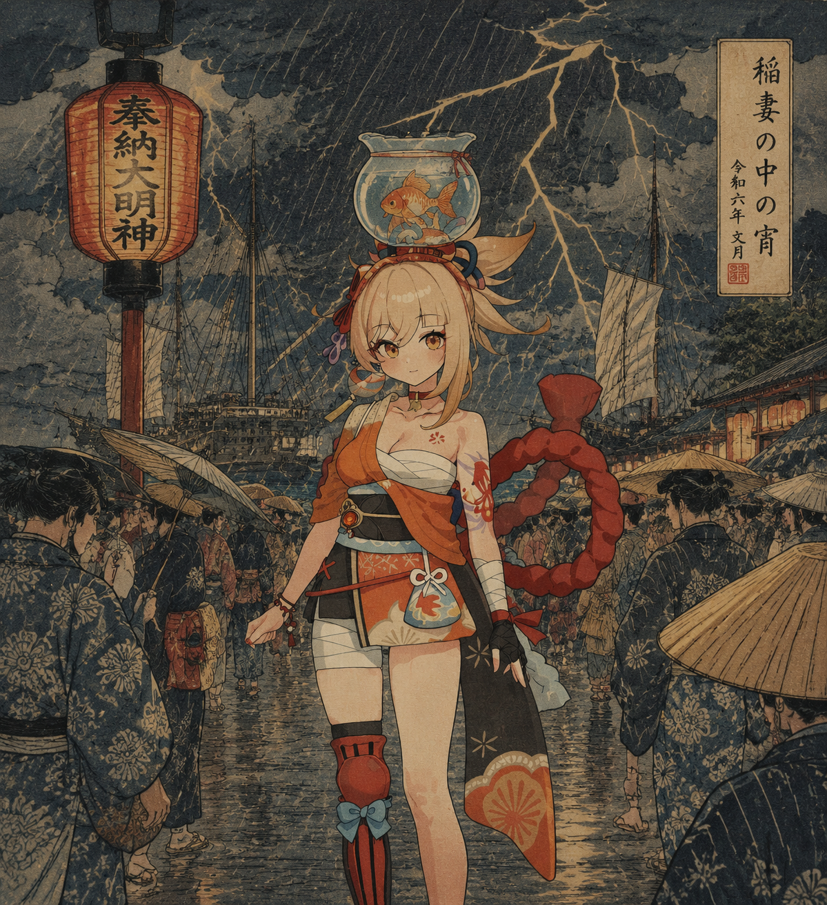 Balancing a goldfish bowl on her head At a crowded harbor during a lightning storm (traditional Ukiyo-e woodblock print aesthetic)
