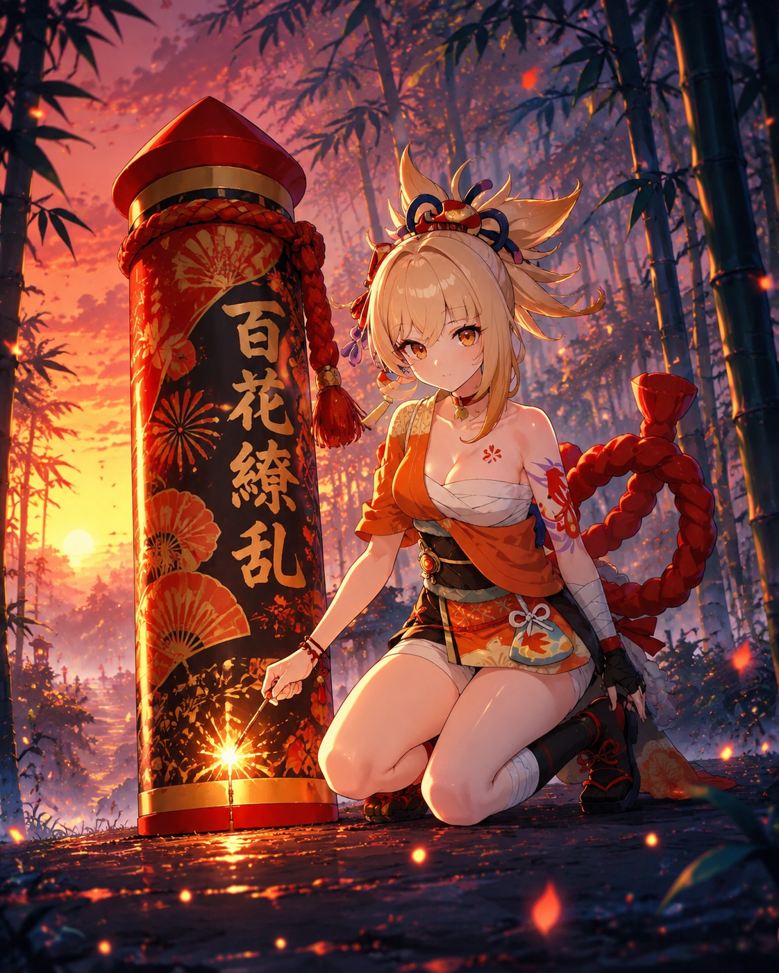 Igniting a giant ornamental firework In a misty bamboo forest at dawn (vibrant anime style, high saturation)