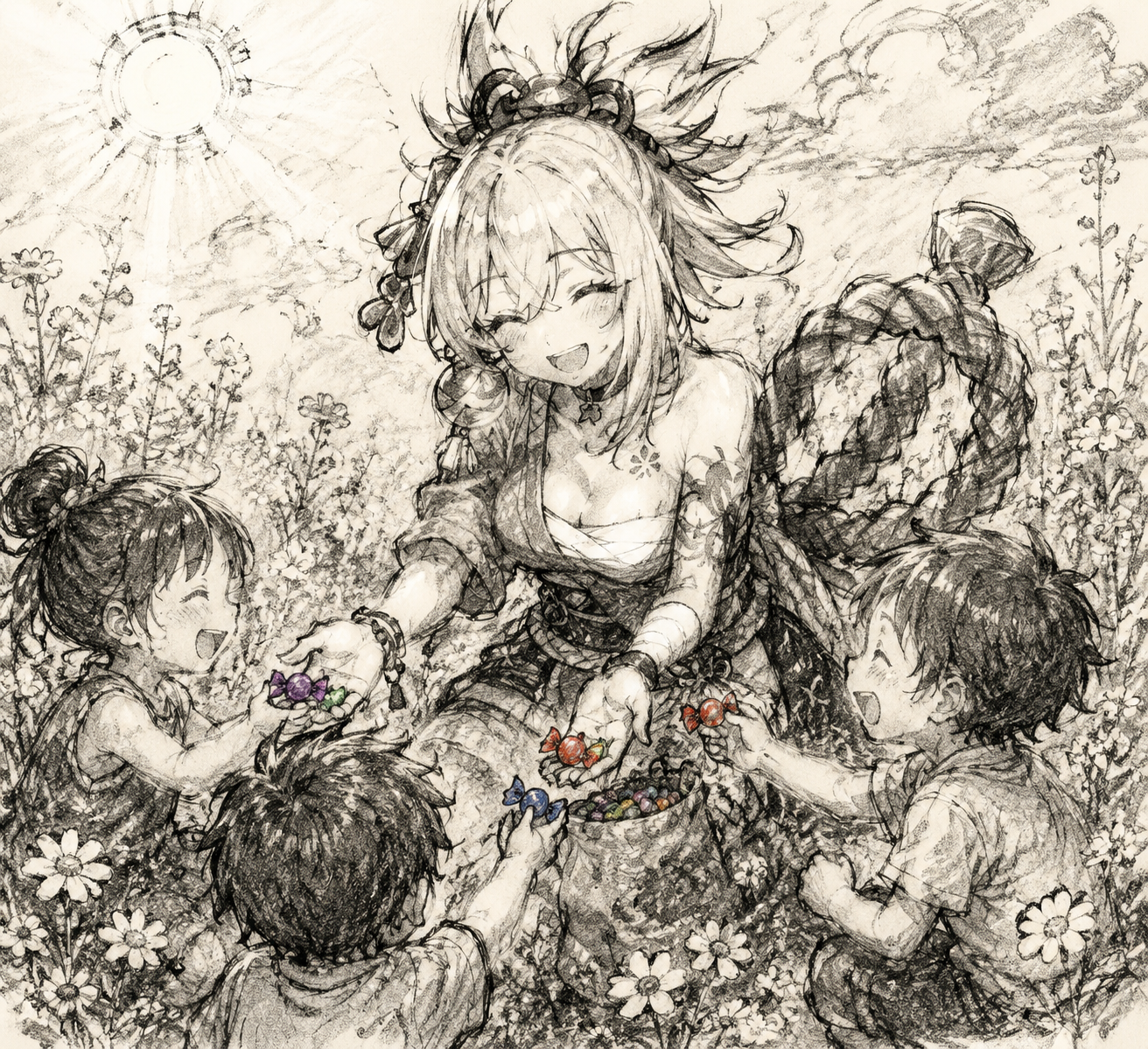 Laughing while sharing colored candy with children In a sun-drenched meadow filled with summer wildflowers (gritty charcoal sketch, rough textures)
