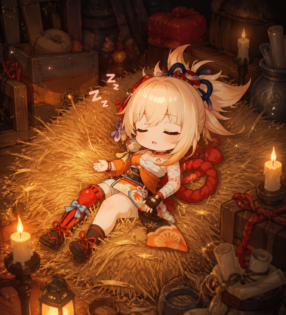 Napping on a pile of dry straw In a cluttered storage room lit by flickering candlelight (chibi style, rounded features and bubbly atmosphere)