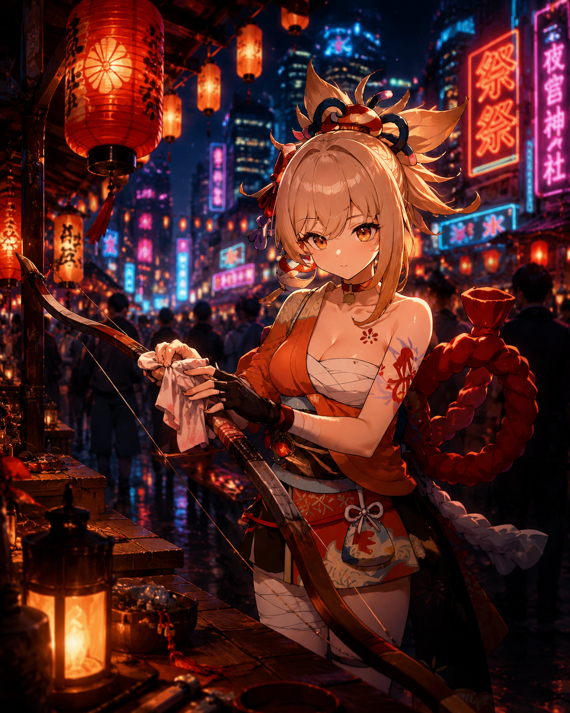 Polishing her wooden bow with a soft cloth At a bustling night festival under paper lanterns (cyberpunk neon, glowing accents and dark shadows)