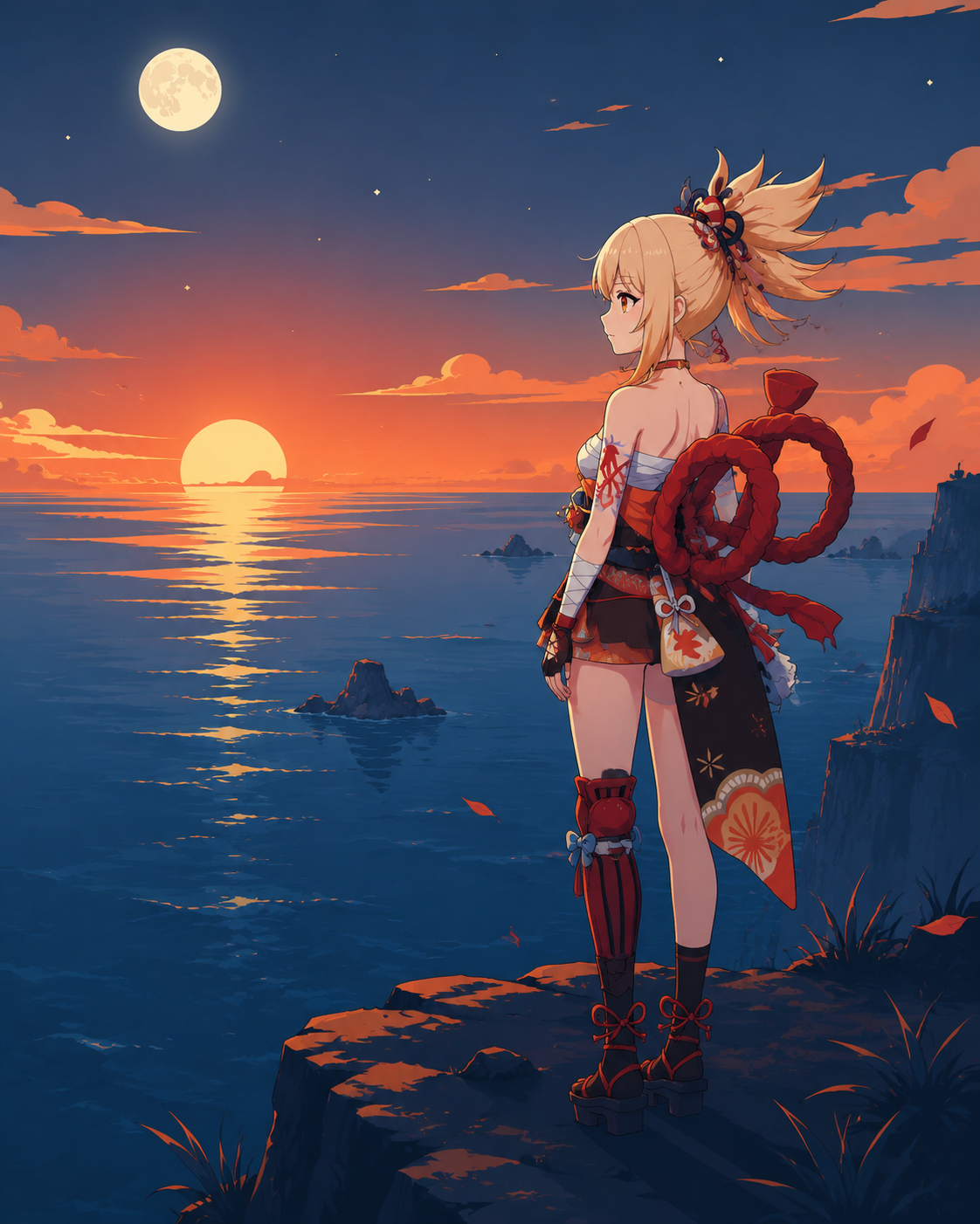 Watching the sunset with a thoughtful expression On a high cliff overlooking the moonlit ocean (minimalist flat vector art, bold colors)