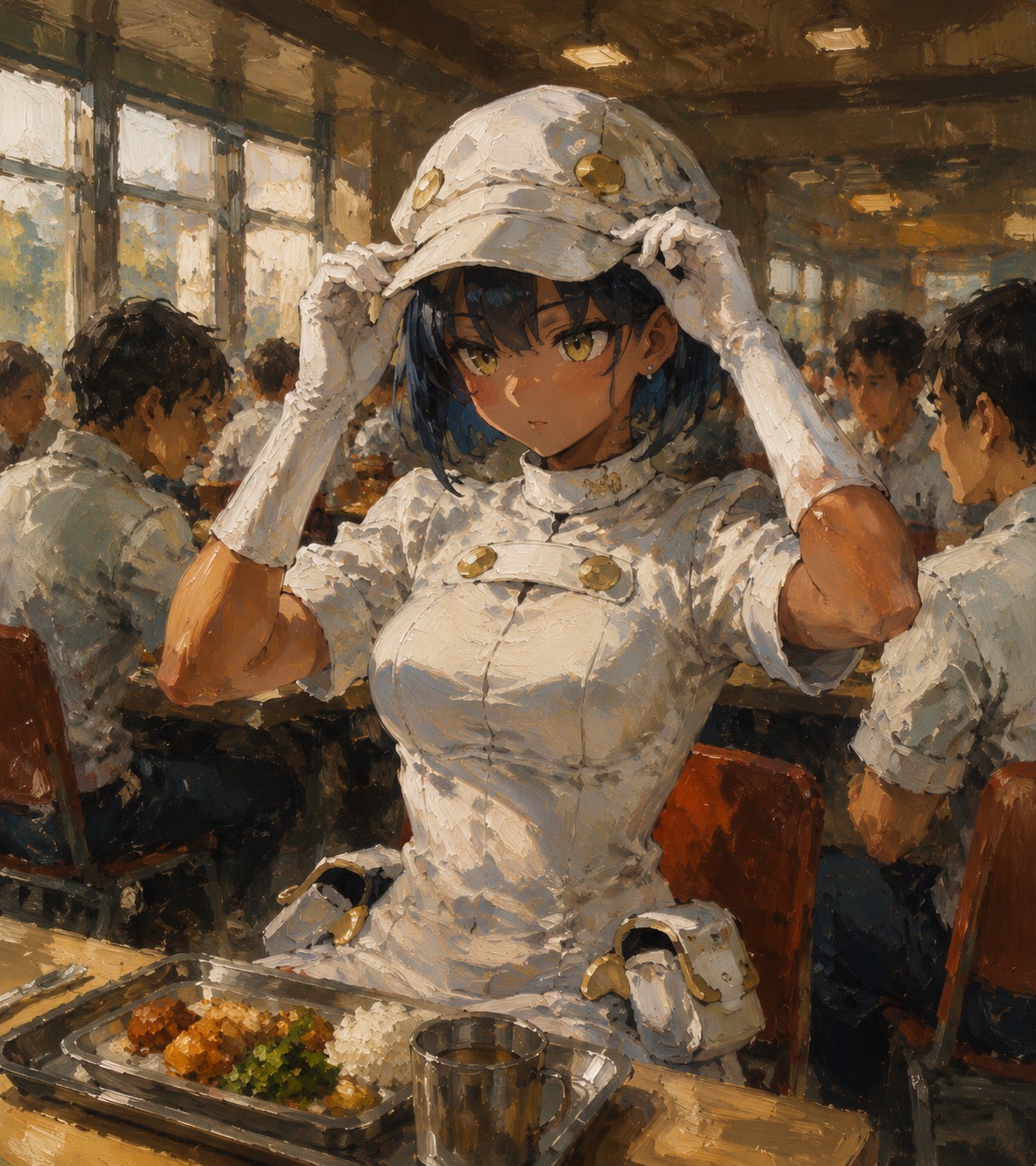 Adjusting their white visor meticulously In a crowded cafeteria during a lunch break (oil painting, thick brushstrokes, classical lighting)