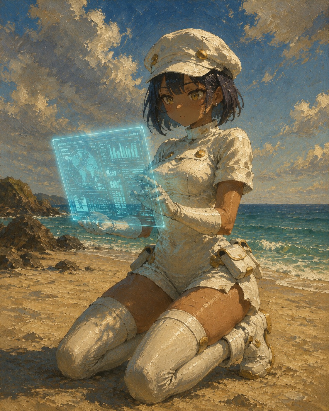 Analyzing data on a holographic display On a sandy beach far from the foundation (oil painting, thick brushstrokes, classical lighting)