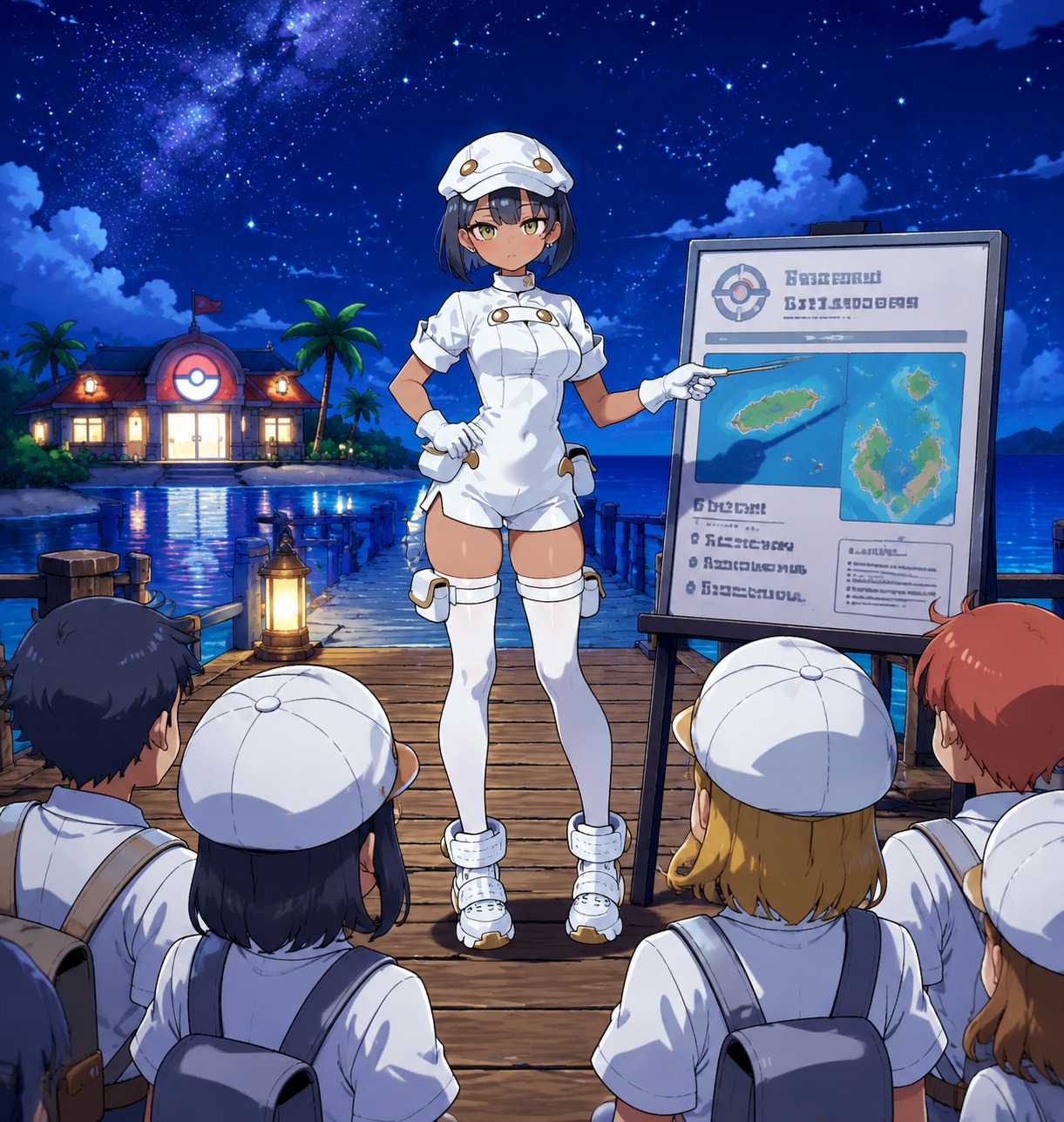 Briefing a group of new recruits At the pier under a starry Alolan sky (clean anime vector art, high saturation)