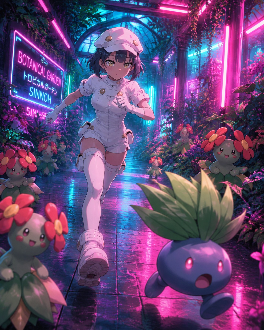 Chasing a stray pokémon through the corridors In a lush botanical garden surrounded by Bellossom (vaporwave aesthetic, neon cyan and magenta)