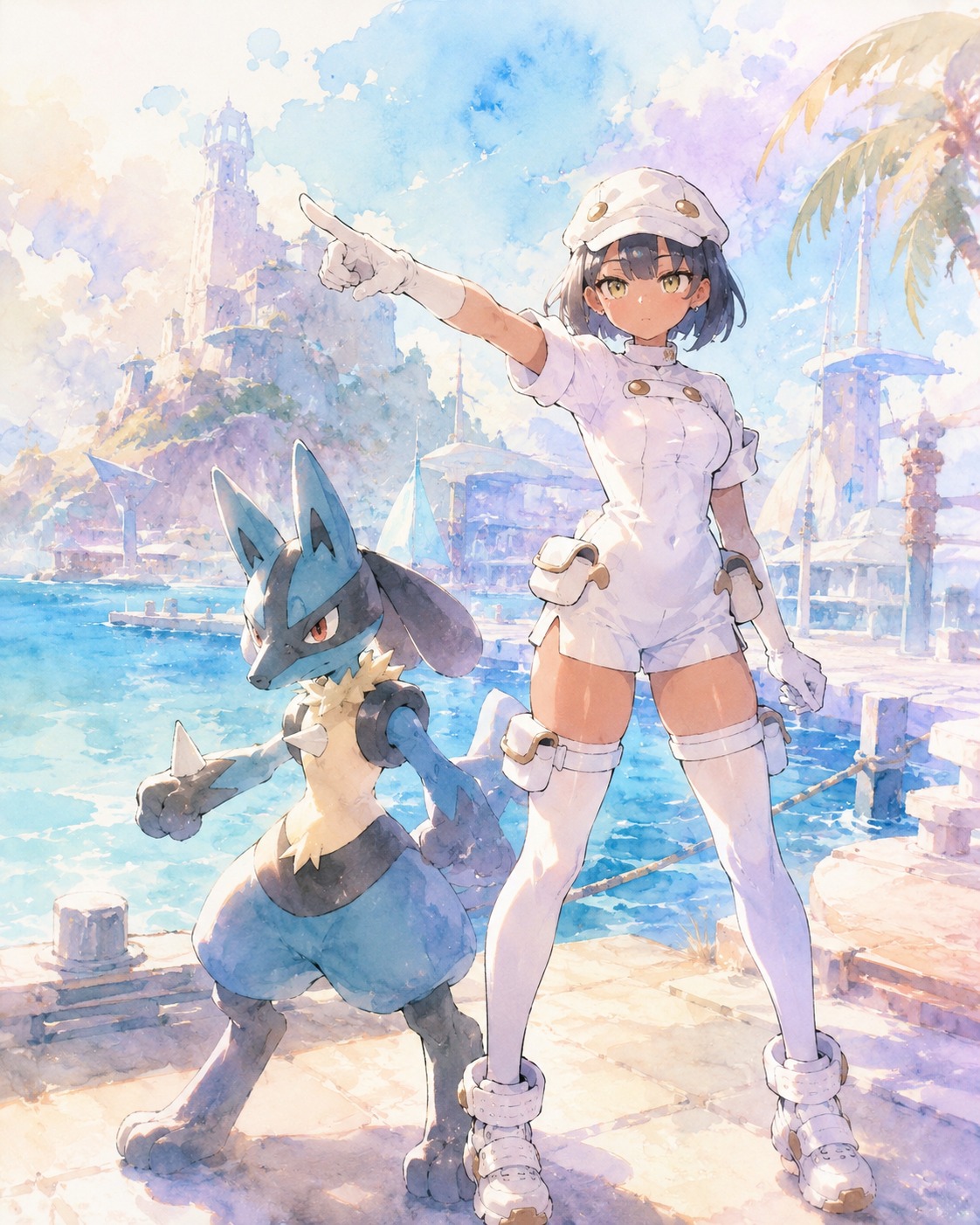 Commanding a pokémon with a sharp hand gesture On the sun-drenched docks of the artificial island (dreamy watercolor, pastel hues, soft glow)