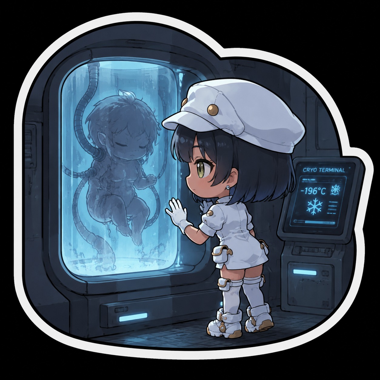 Observing a specimen through a glass partition At a dimly lit cryopreservation terminal (chibi style, rounded edges, sticker aesthetic)