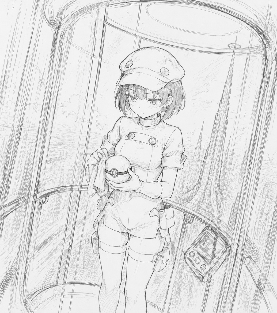 Polishing a pristine white poké ball In a high-speed glass elevator ascending the spire (rough pencil sketch, minimal shading)