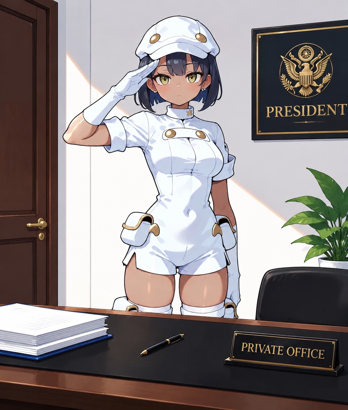 Saluting firmly toward the president’s office At a minimalist desk inside a private office (clean anime vector art, high saturation)