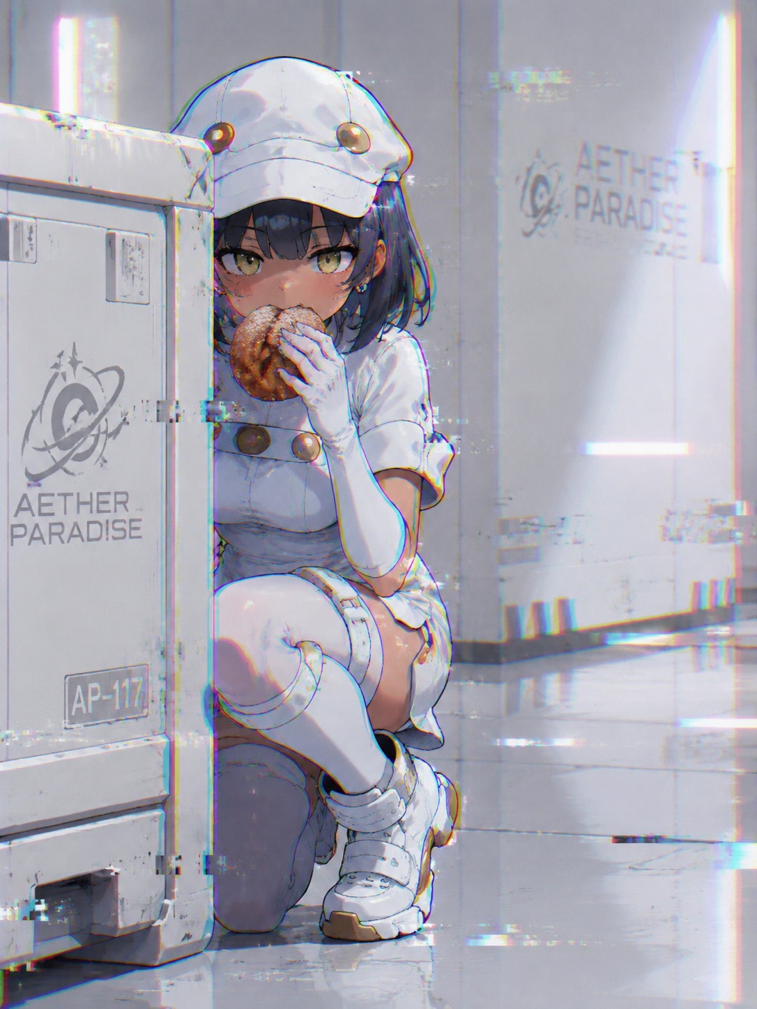 Sneakily eating a malasada behind a crate In the sterile white halls of Aether Paradise (glitched digital art, chromatic aberration)