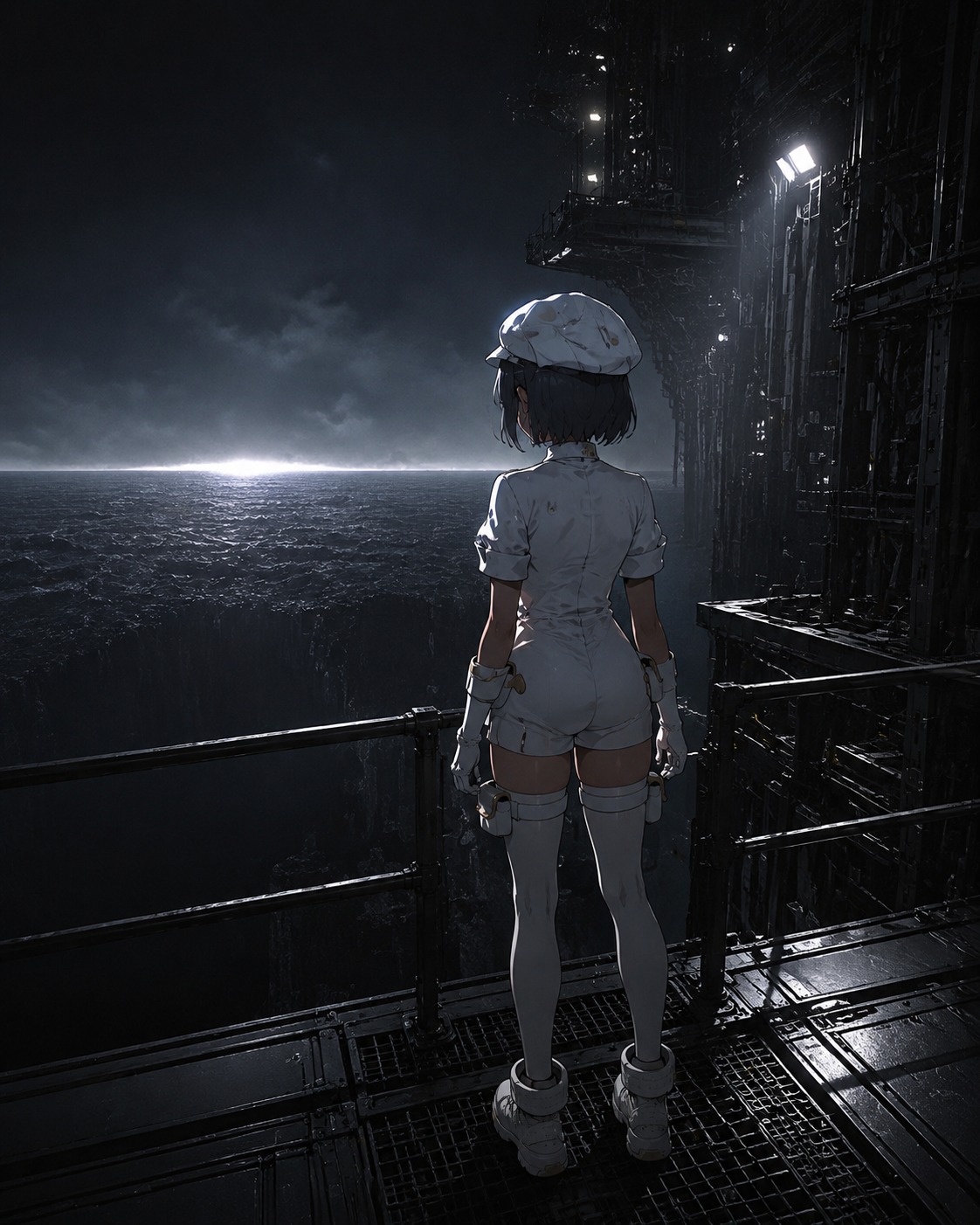 Staring blankly at the artificial ocean horizon On a metallic catwalk overlooking a bottomless pit (cinematic noir, harsh artificial lighting)