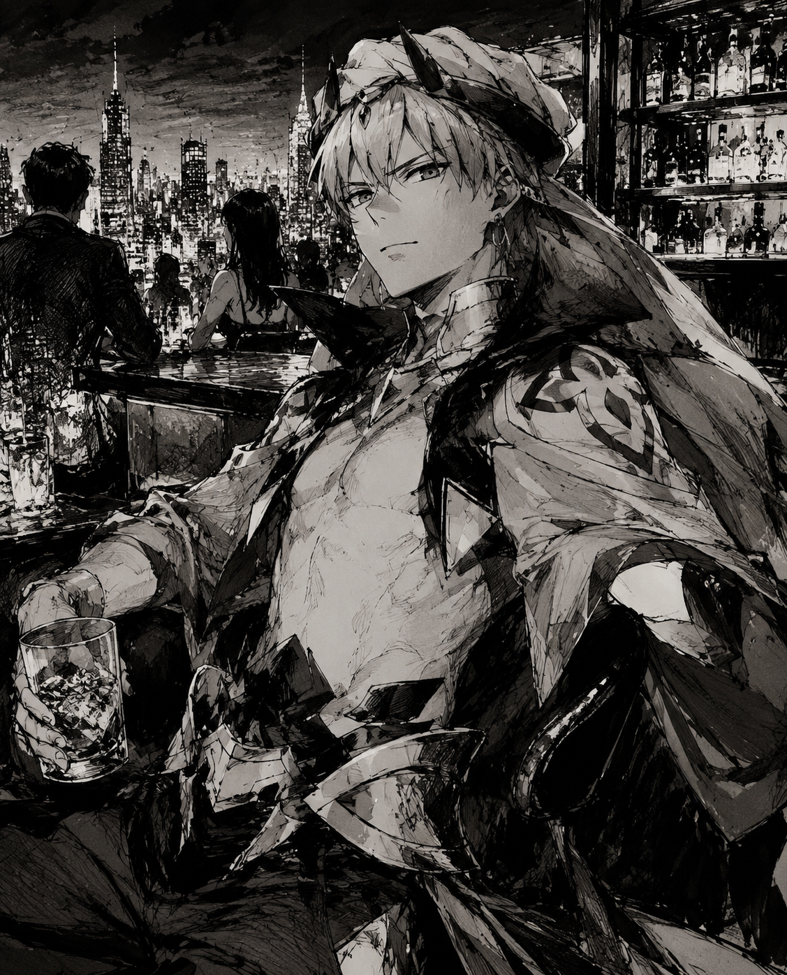 Casually browsing a modern luxury clothing store At a high-end rooftop bar overlooking the city (gritty ink sketch, dramatic heavy shadows)