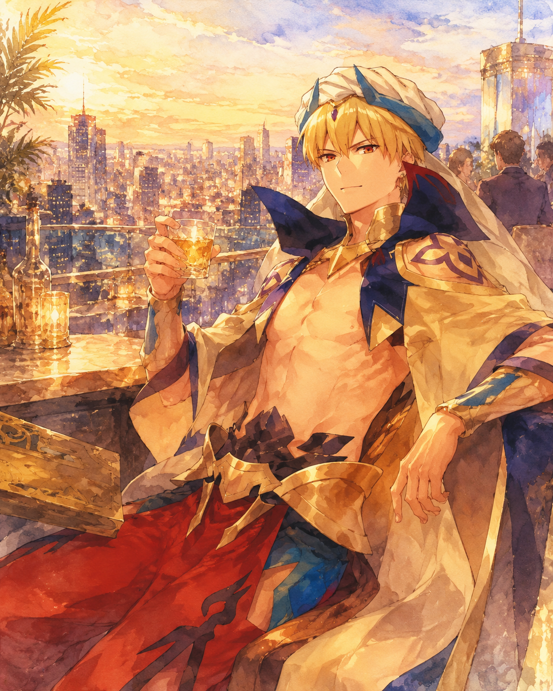 Casually browsing a modern luxury clothing store At a high-end rooftop bar overlooking the city (soft watercolor illustration, ethereal golden glow)