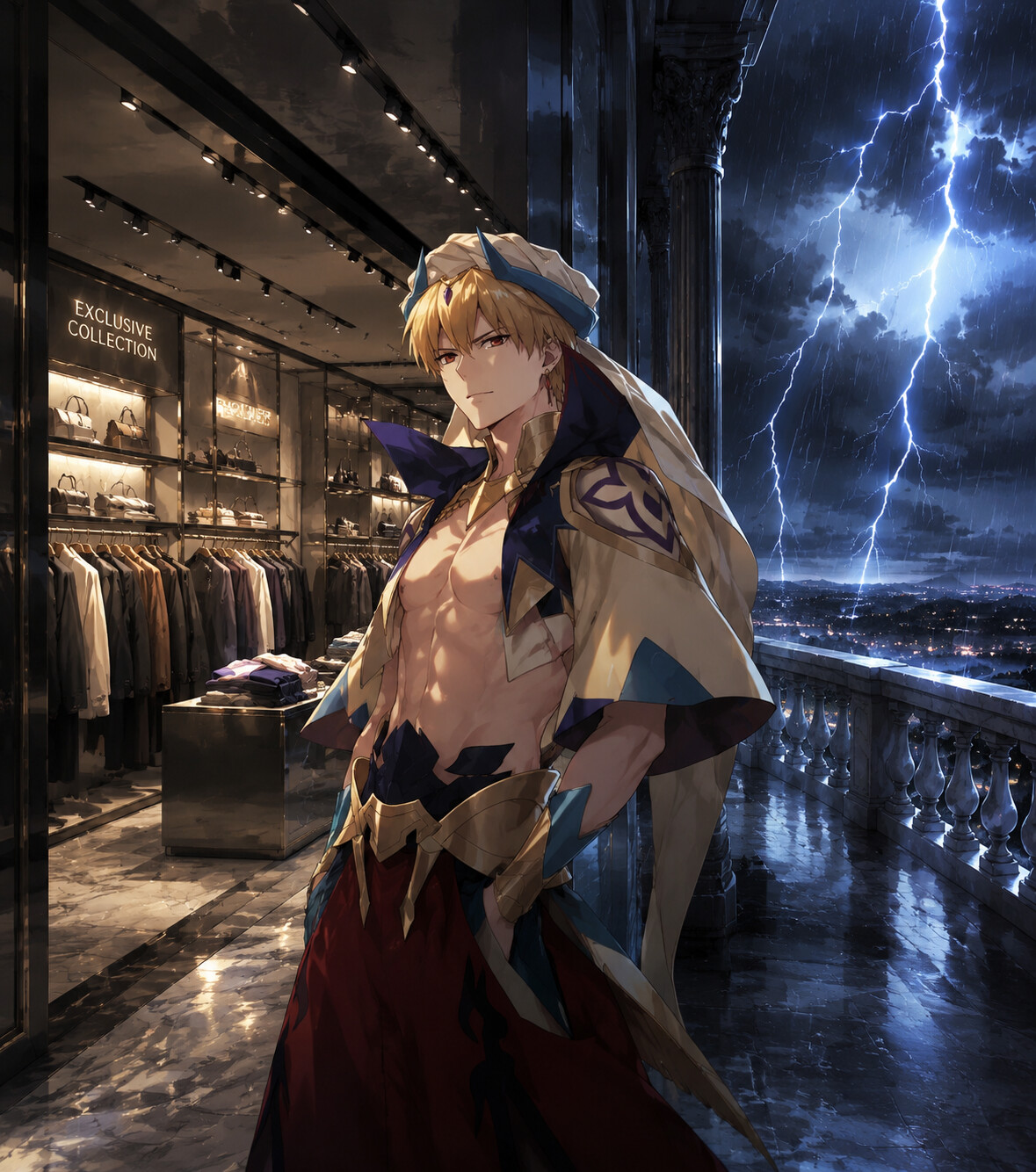 Casually browsing a modern luxury clothing store on a marble balcony during a violent thunderstorm (ufotable style digital art)