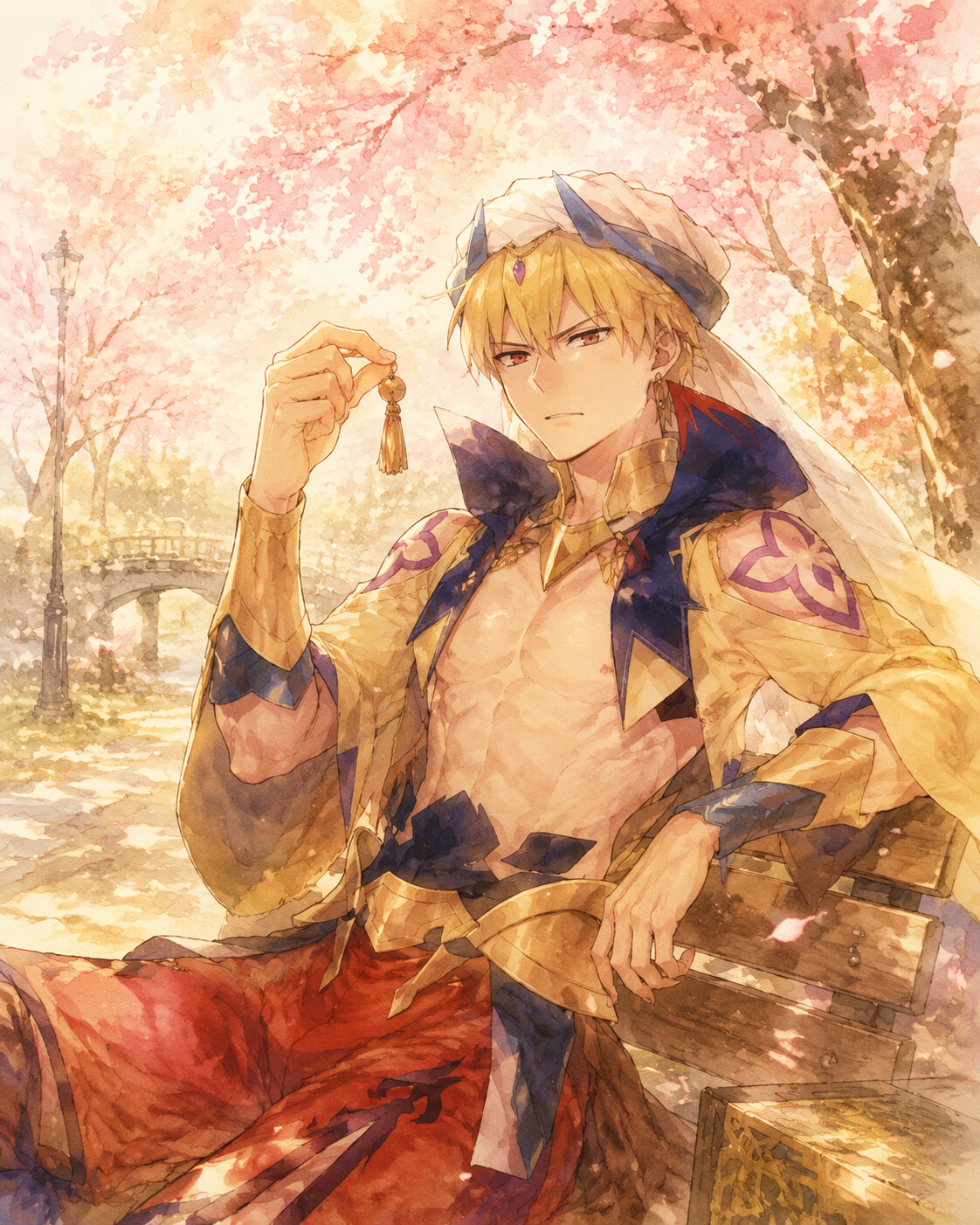 Examining a common trinket with visible disdain at a quiet park during the peak of cherry blossoms (soft watercolor illustration)