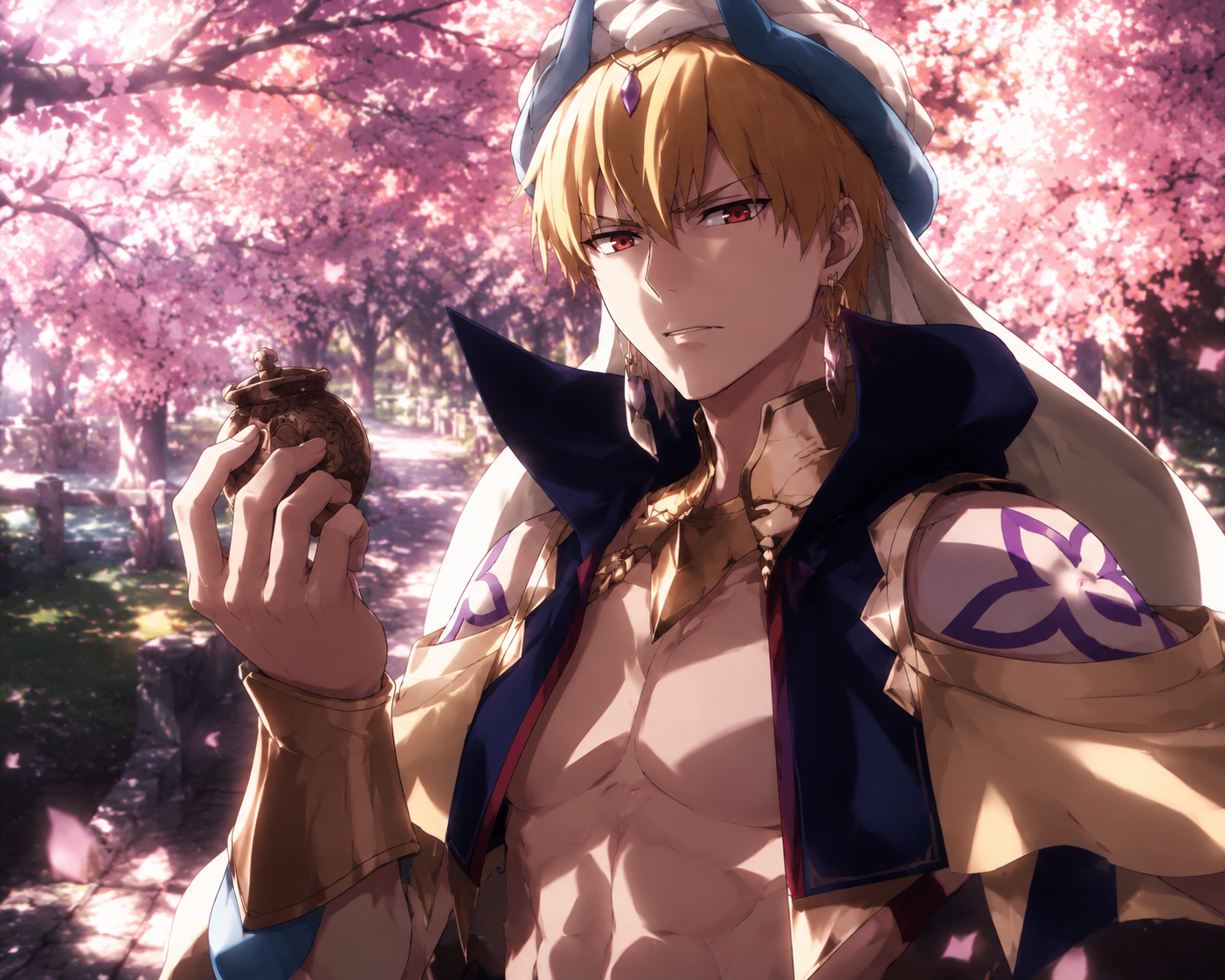 Examining a common trinket with visible disdain At a quiet park during the peak of cherry blossoms (ufotable style digital art, high contrast lighting)