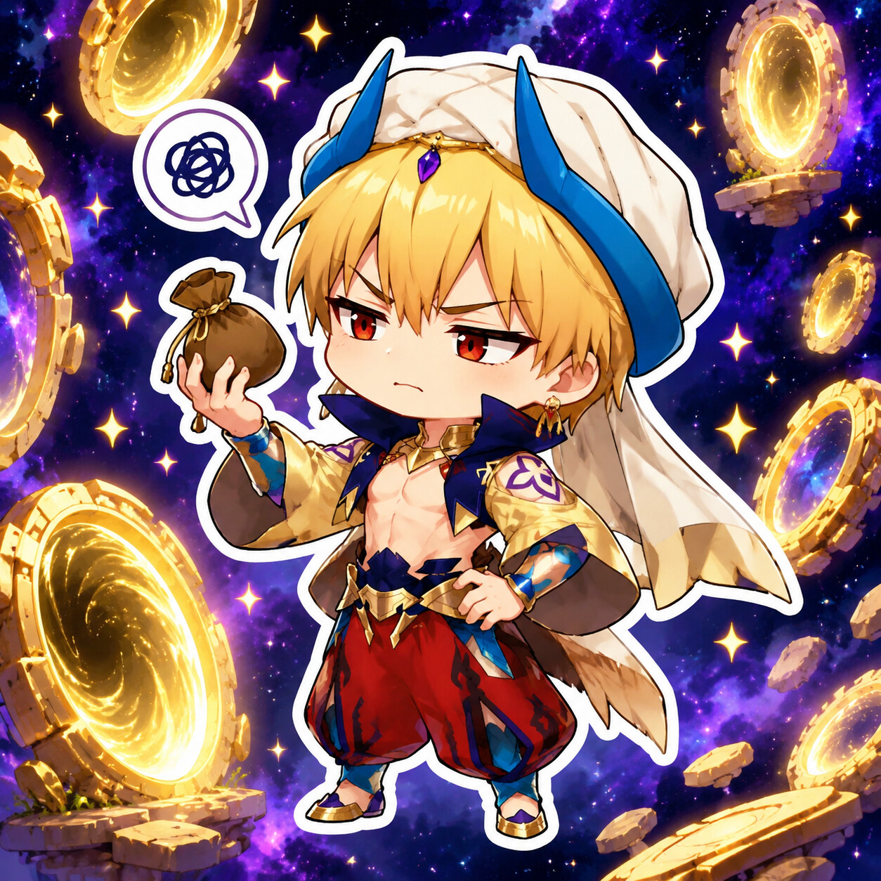 Examining a common trinket with visible disdain in a celestial void filled with floating golden portals (chibi sticker art)