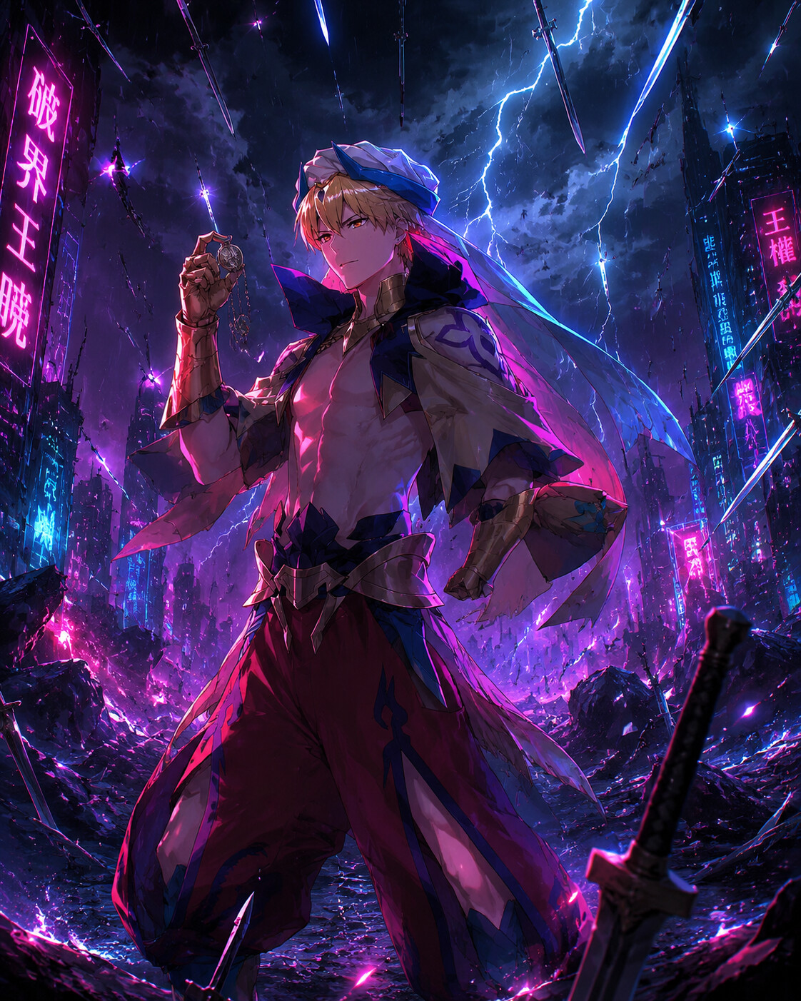 Examining a common trinket with visible disdain on a battlefield amidst a storm of swords (cyberpunk aesthetic)