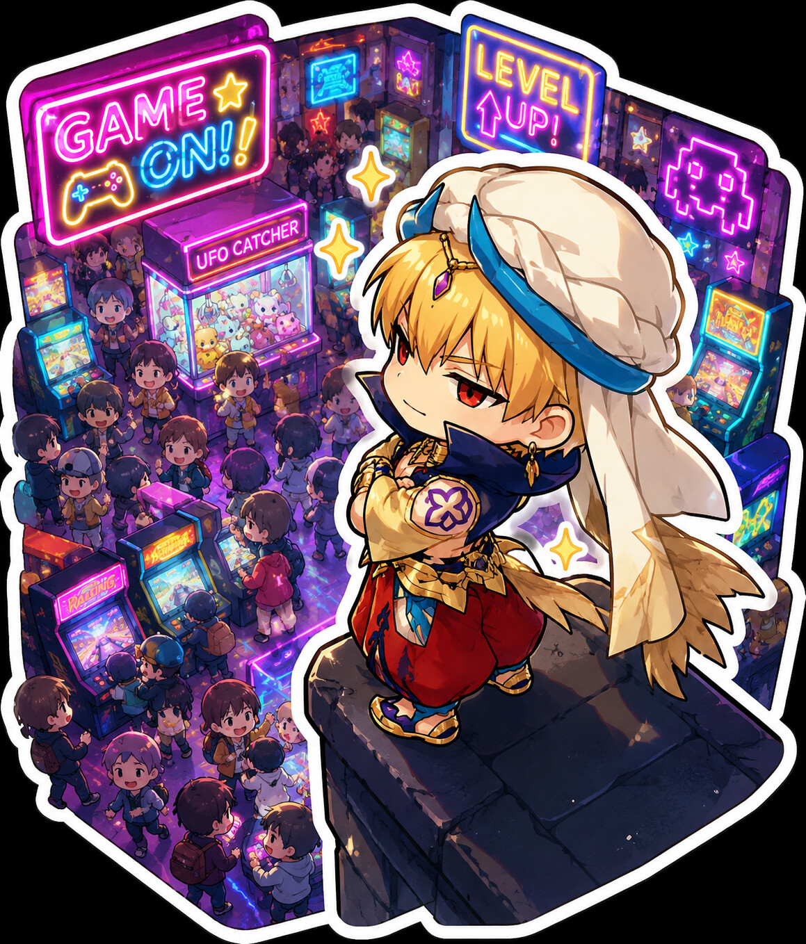 Gazing down at humanity from a high ledge at a crowded modern arcade under neon lights (chibi sticker art)