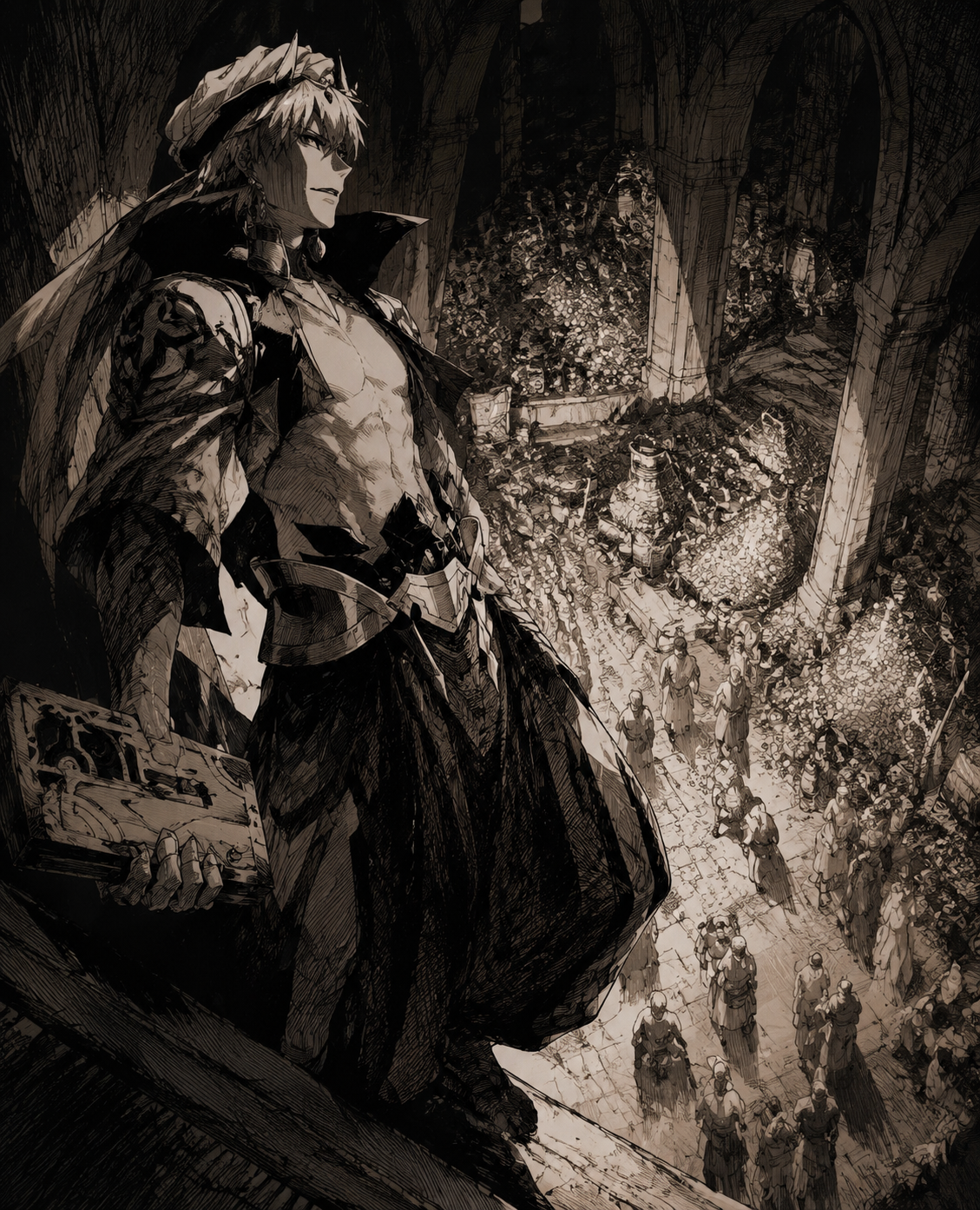 Gazing down at humanity from a high ledge In a dimly lit vault overflowing with treasure (gritty ink sketch, dramatic heavy shadows)