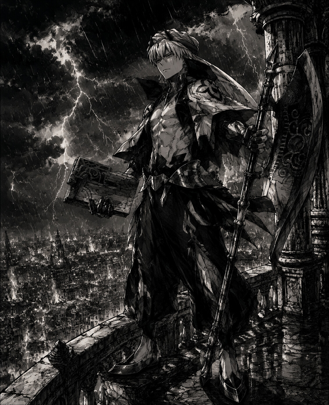 Gazing down at humanity from a high ledge on a marble balcony during a violent thunderstorm (gritty ink sketch)