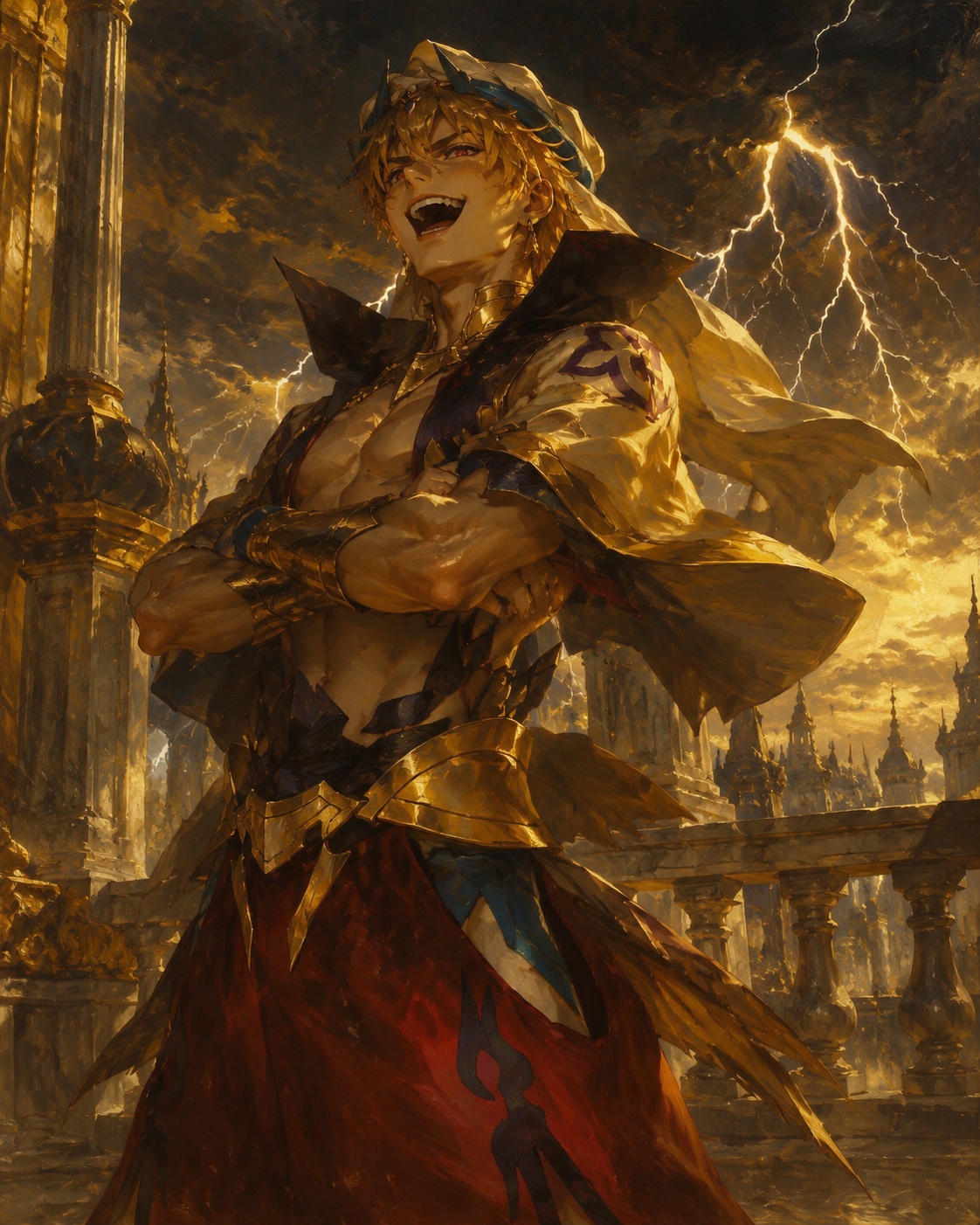 Laughing maniacally with arms crossed pridefully On a marble balcony during a violent thunderstorm (golden hour oil painting, regal brushstrokes)
