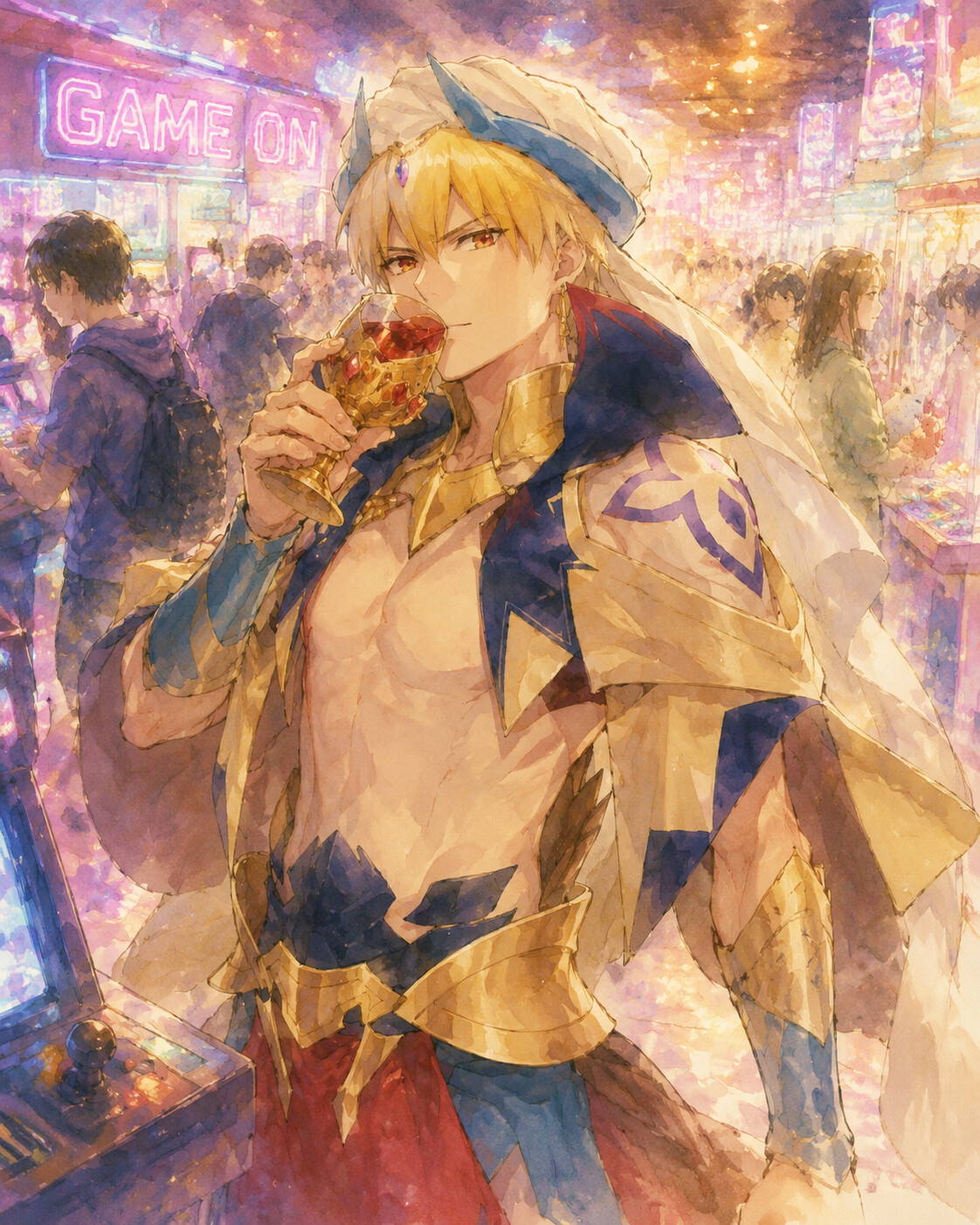 Sipping red wine from a jeweled chalice at a crowded modern arcade under neon lights (soft watercolor illustration)