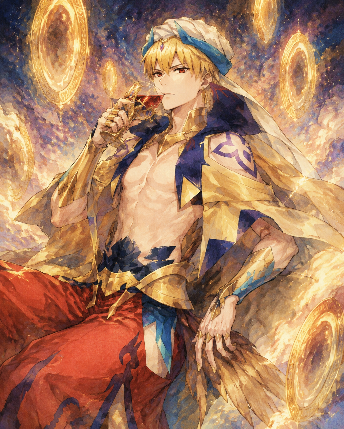 Sipping red wine from a jeweled chalice In a celestial void filled with floating golden portals (soft watercolor illustration, ethereal golden glow)