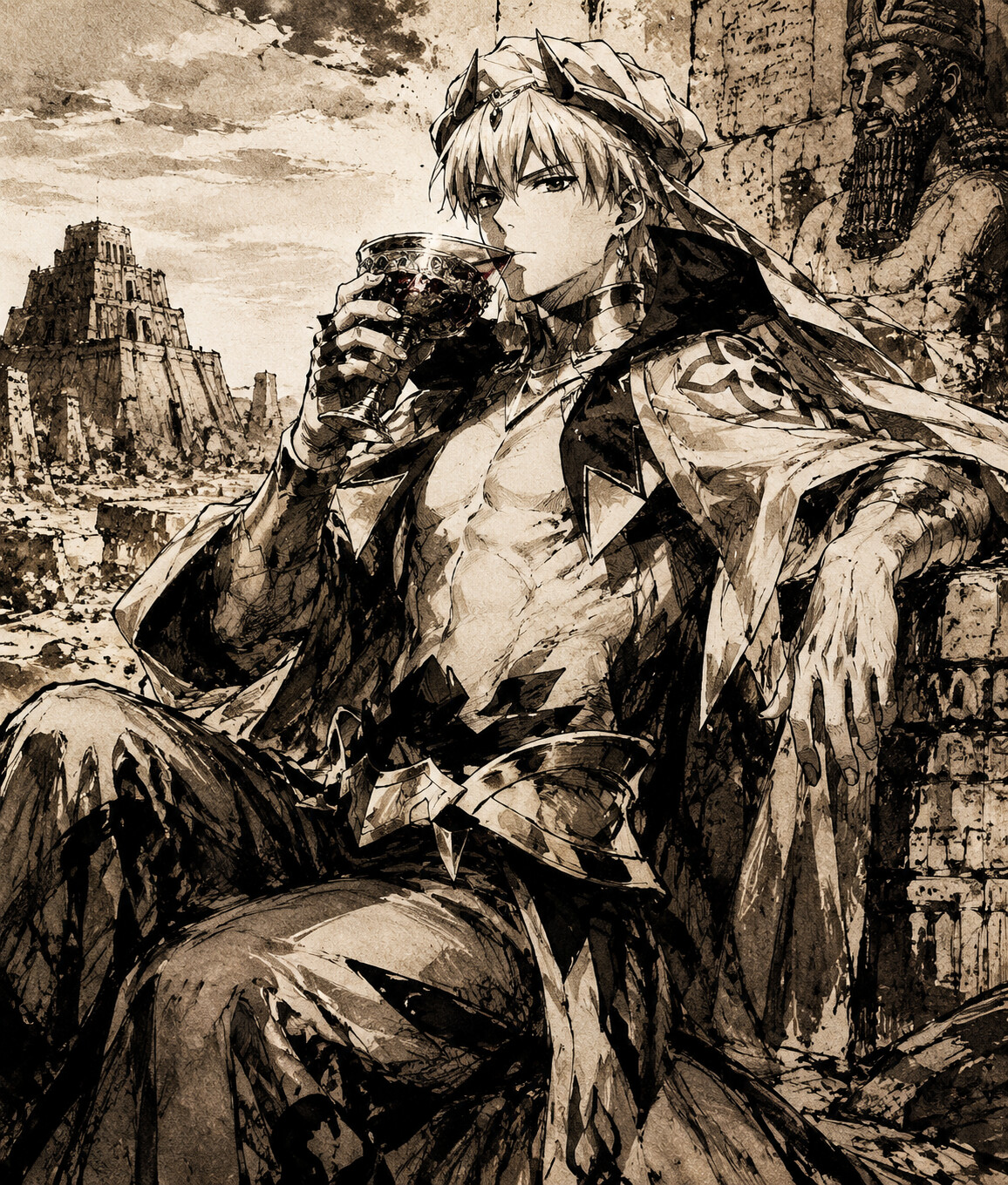 Sipping red wine from a jeweled chalice in the desert ruins of ancient Uruk (gritty ink sketch)