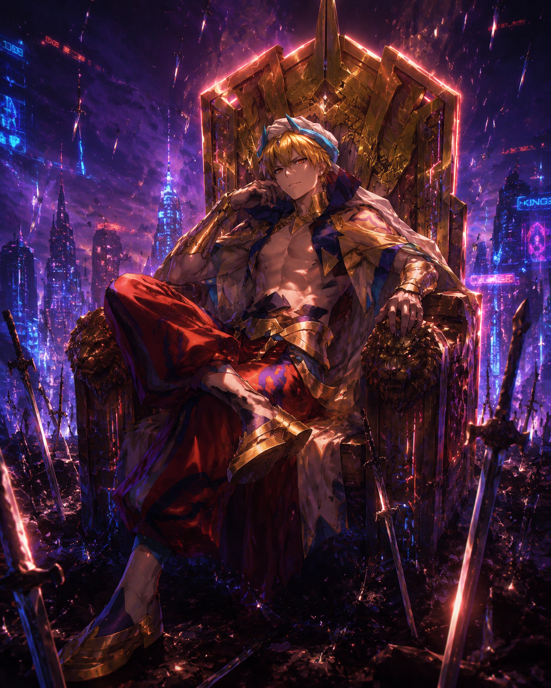Sitting regally upon a massive golden throne On a battlefield amidst a storm of swords (cyberpunk aesthetic, vibrant neon rim lighting)