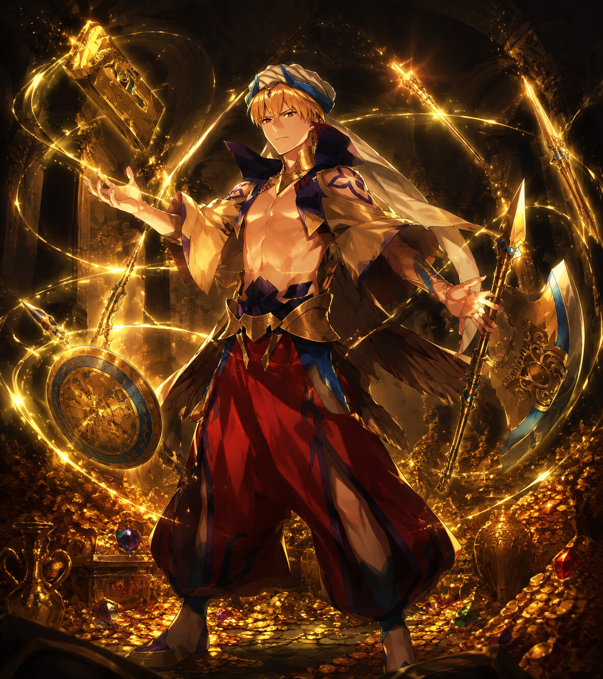 Summoning divine weapons from golden ripples in a dimly lit vault overflowing with treasure (ufotable style digital art)