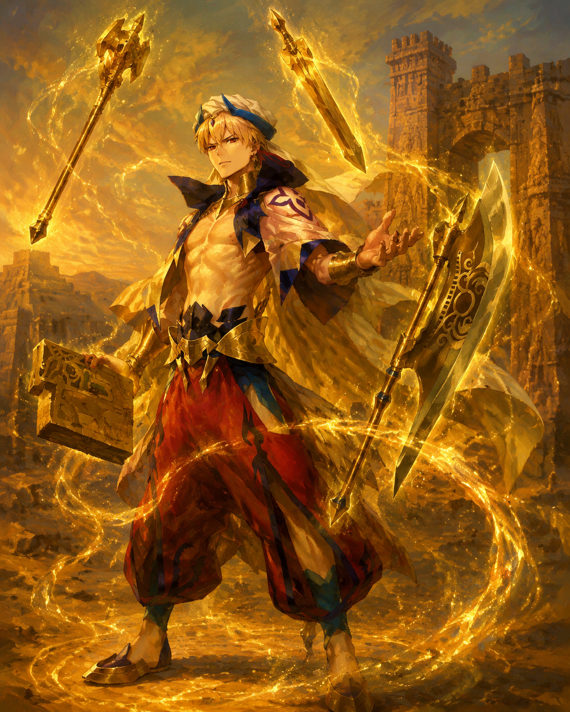 Summoning divine weapons from golden ripples In the desert ruins of ancient Uruk (golden hour oil painting, regal brushstrokes)
