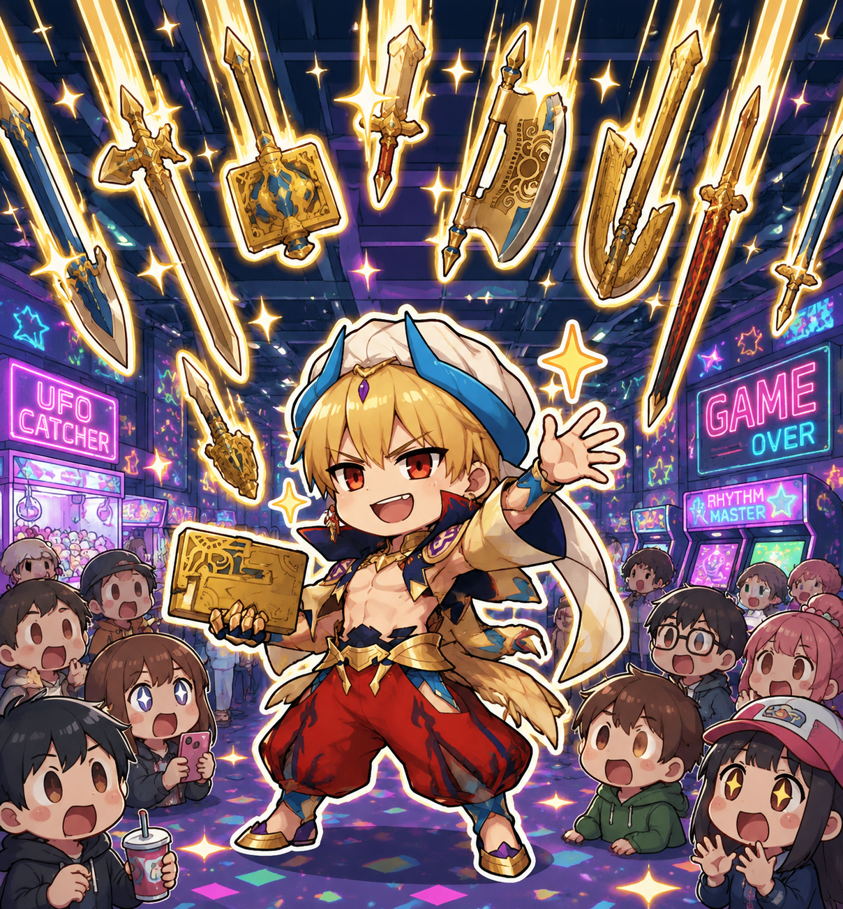 Unleashing a rain of legendary noble phantasms At a crowded modern arcade under neon lights (chibi sticker art, bright and playful colors)