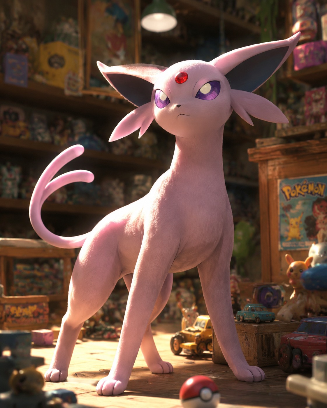 Basking in a patch of warm sunlight On a cluttered workbench inside a toy shop (hyper-realistic 3D render, subsurface scattering)