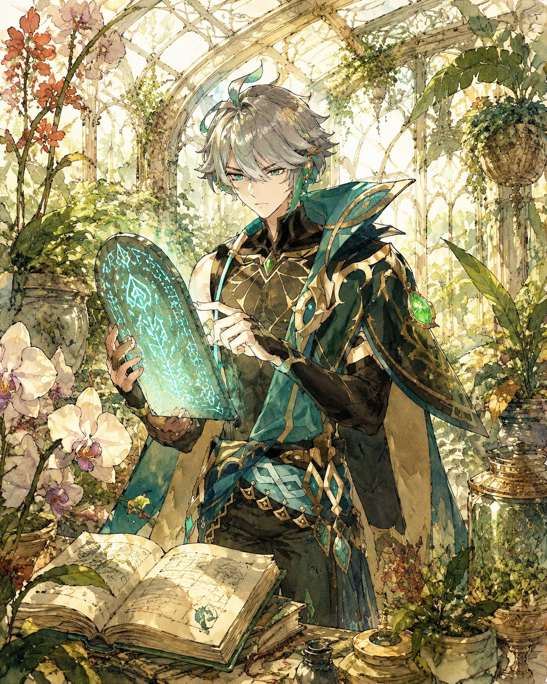 Deciphering an ancient glowing rune In a sun-drenched greenhouse filled with exotic flora (whimsical storybook illustration, ink and wash)