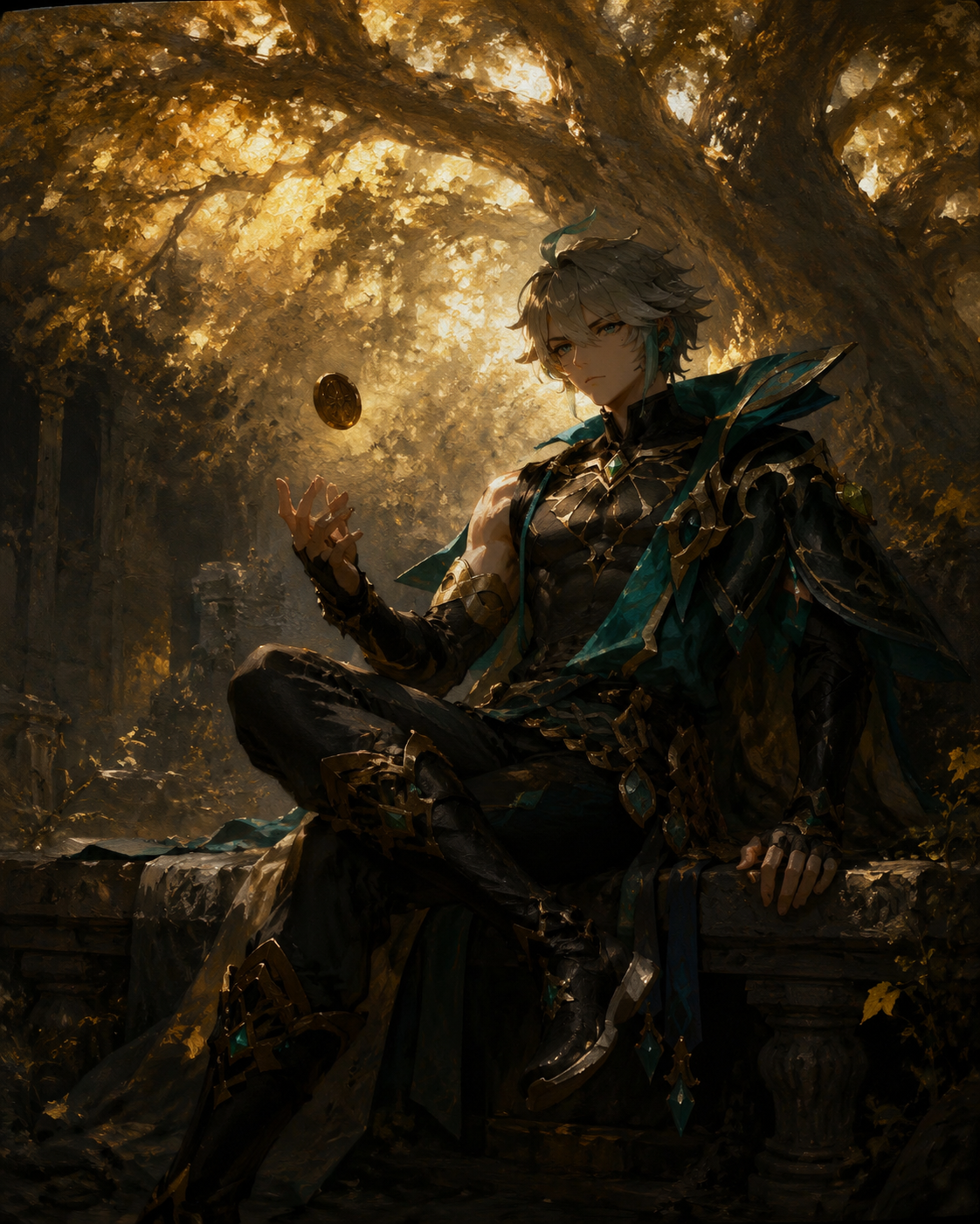 Flipping a heavy brass coin idly On a stone bench under a giant glowing tree (dramatic oil painting, heavy chiaroscuro)
