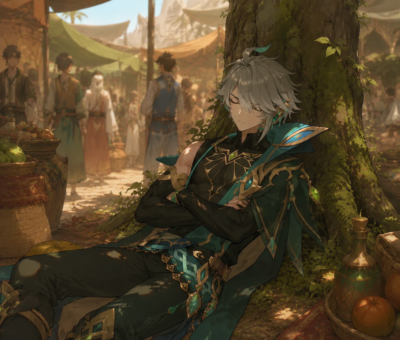 Napping against a mossy tree trunk At a bustling open-air market in Port Ormos (soft lo-fi aesthetic, muted warm tones)