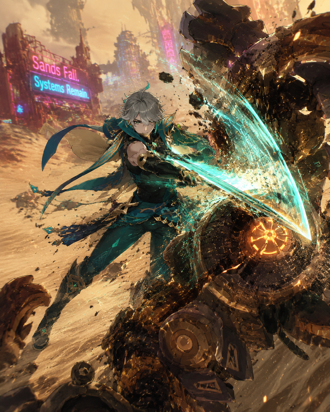Slashing through a mechanical ruin guard On a desert dune during a shimmering heatwave (gritty cyberpunk aesthetic with neon accents)