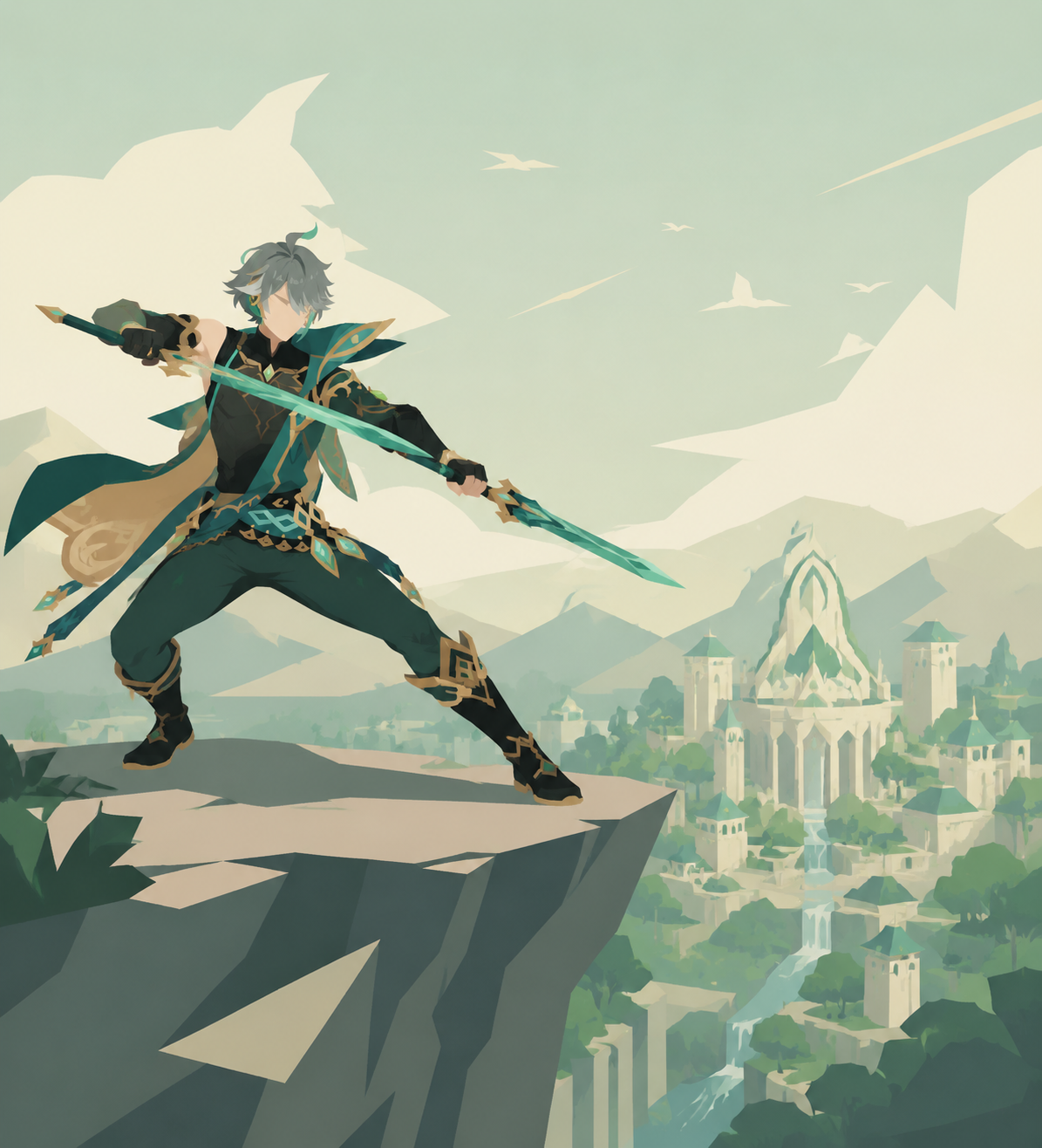 Sparring with a dual-wielded jade blade At the edge of a precipice overlooking Sumeru City (minimalist vector art, flat geometric shapes)