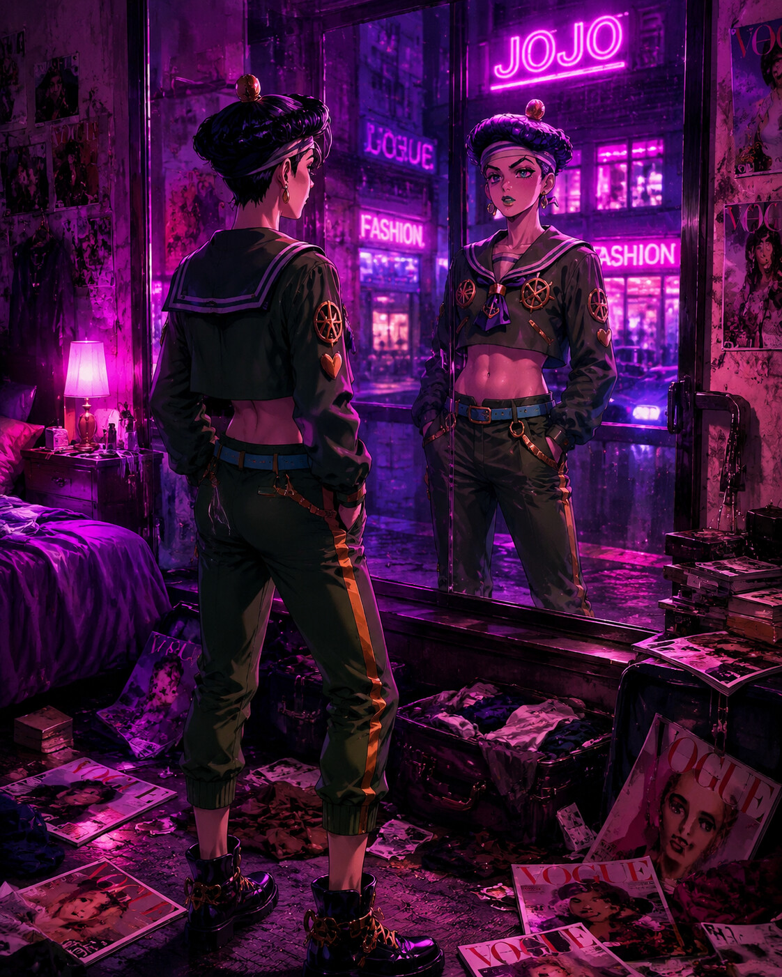 Checking his reflection in a storefront window in a messy bedroom filled with fashion magazines (cinematic synthwave)