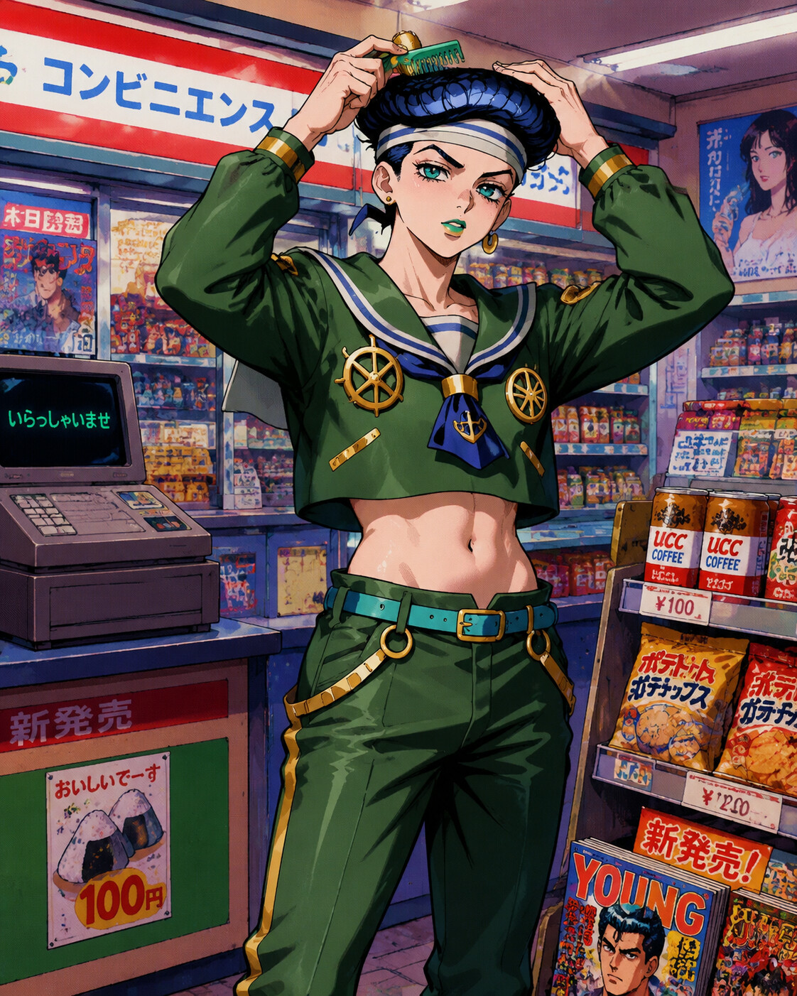 Fixing his signature pompadour with a small comb in a retro 1990s Japanese convenience store (classic 90s anime aesthetic)