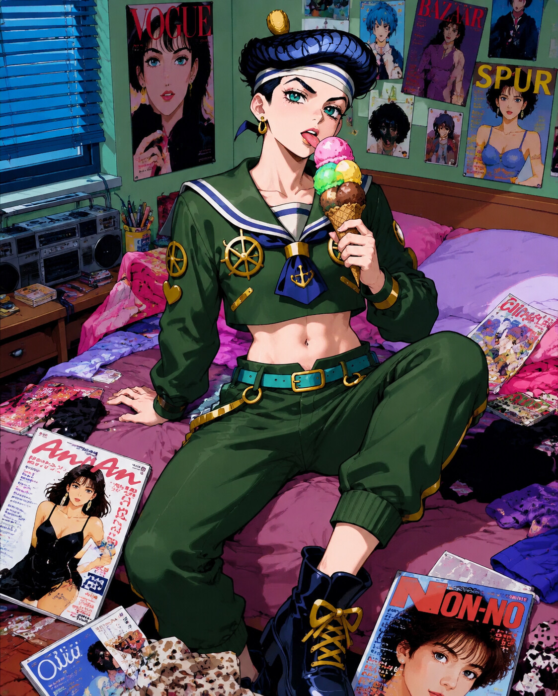 Licking a colorful Italian gelato cone in a messy bedroom filled with fashion magazines (classic 90s anime aesthetic)