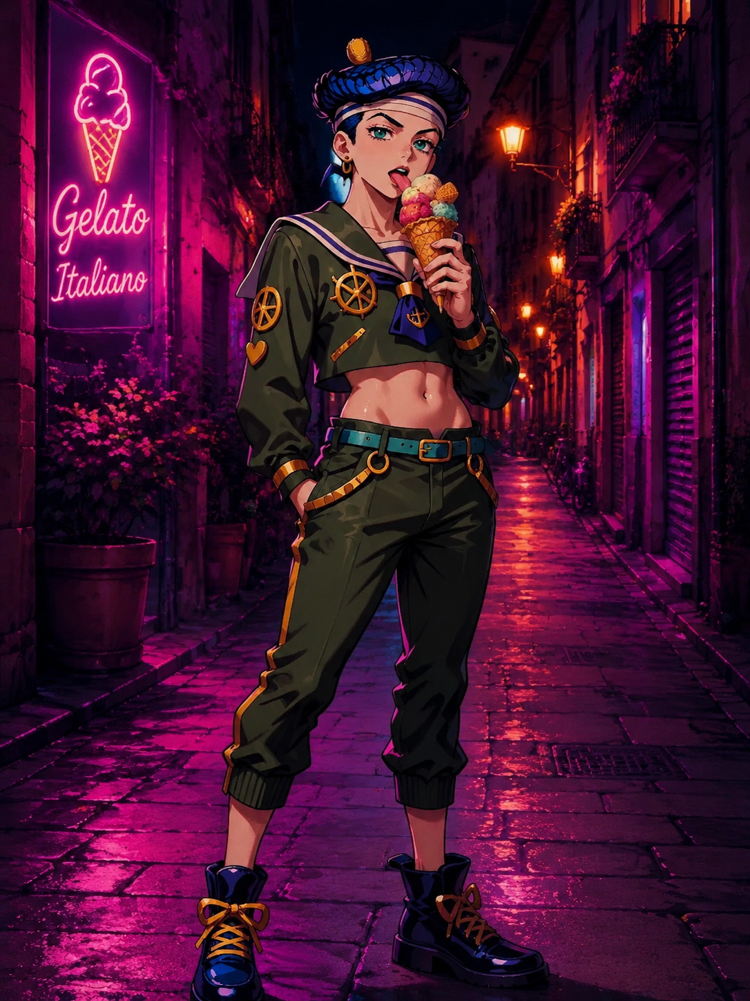 Licking a colorful italian gelato cone In a quiet residential alleyway under orange streetlights (cinematic synthwave, neon pink and purple lighting)