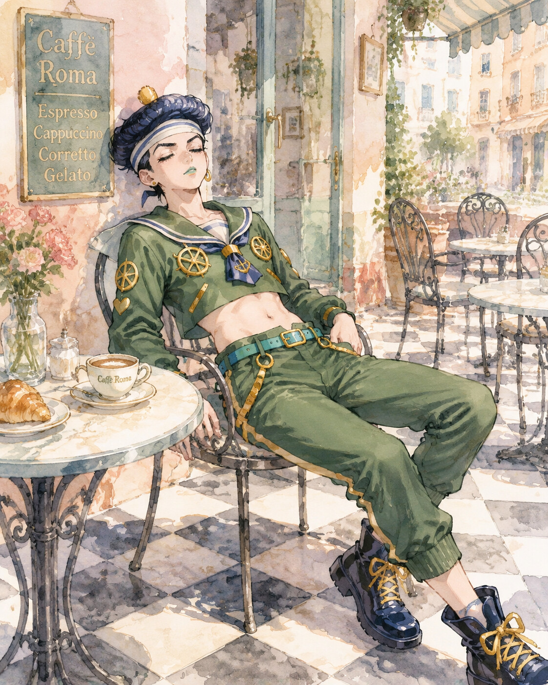 Napping on a park bench under the sun at a stylish Italian cafe with checkered floors (soft pastel watercolor)