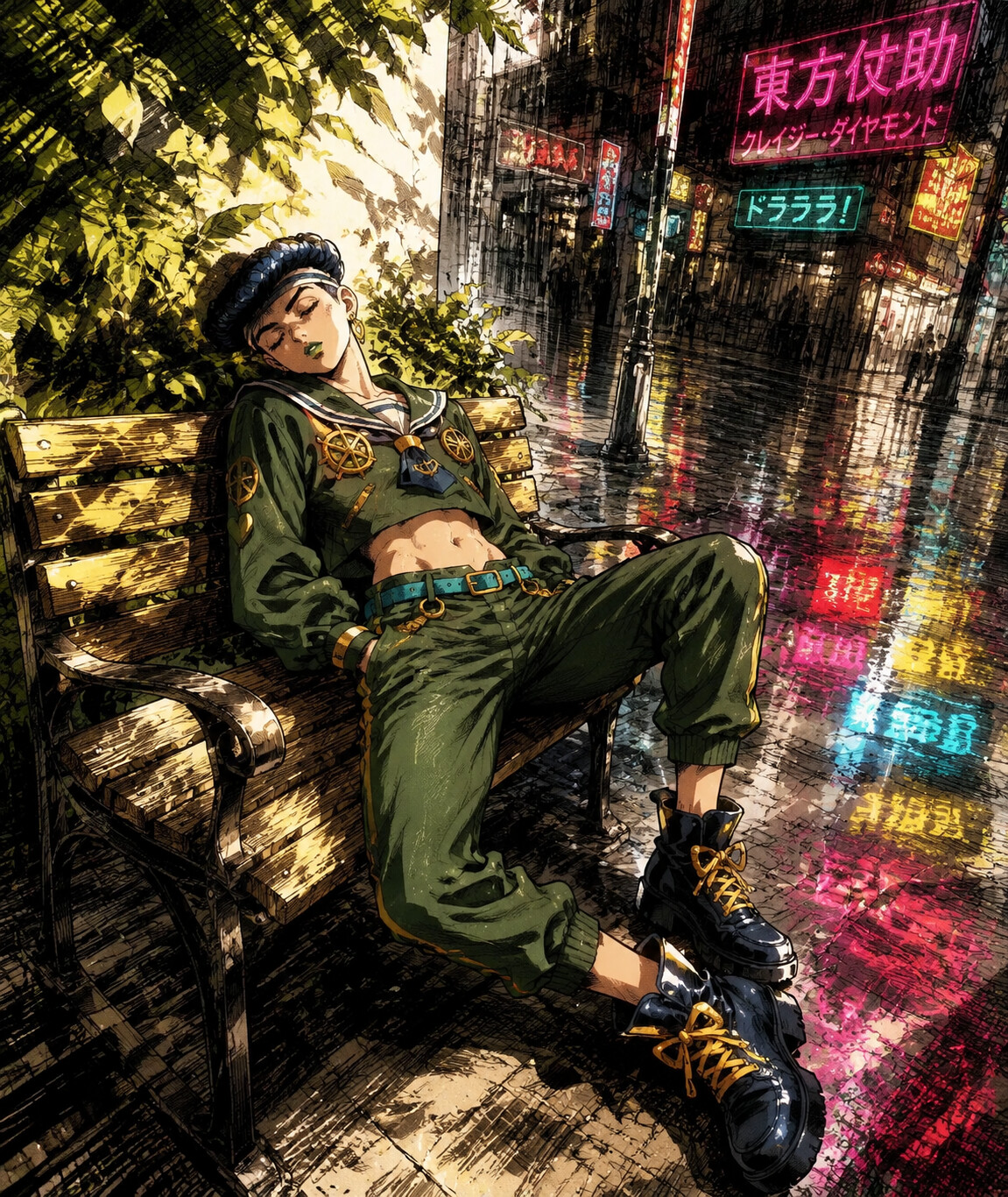Napping on a park bench under the sun on a rainy sidewalk reflecting bright neon signs (retro manga sketch)